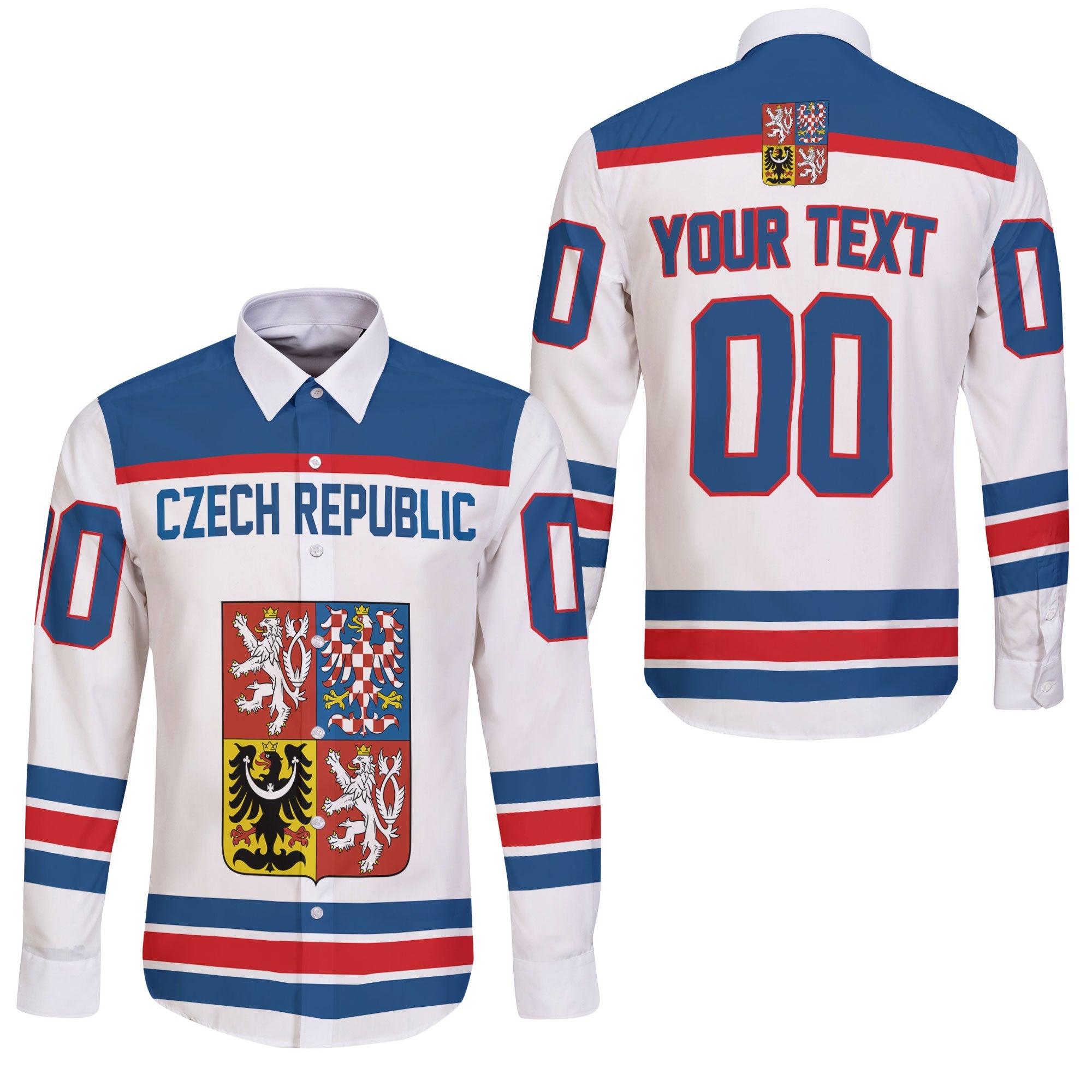 Czech Republic Long Sleeve Button Shirt Flag & Coat Of Arms Hockey Style