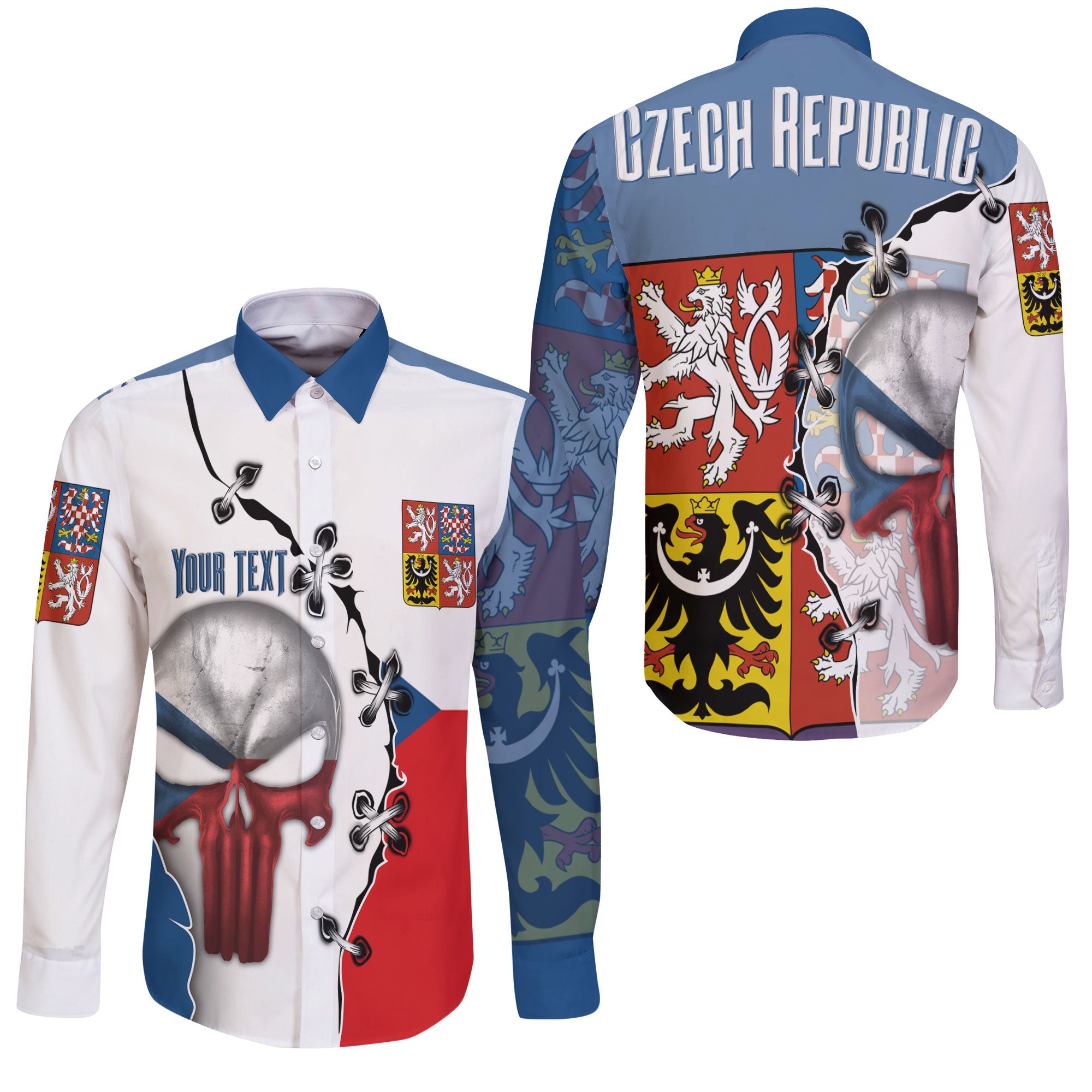 Czech Republic Long Sleeve Button Shirt Flag & Coat Of Arms Skull Style