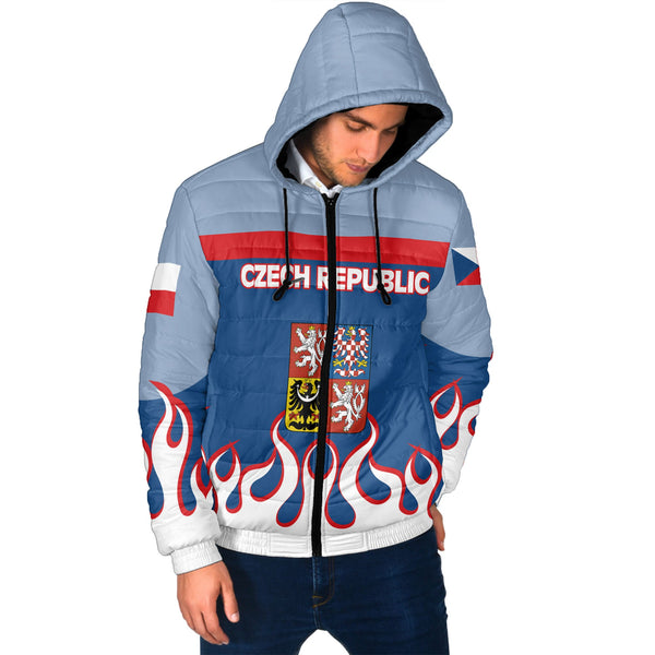 Czech Republic Men Hooded Padded Jacket Flag & Coat Of Arms Fire Hockey Style