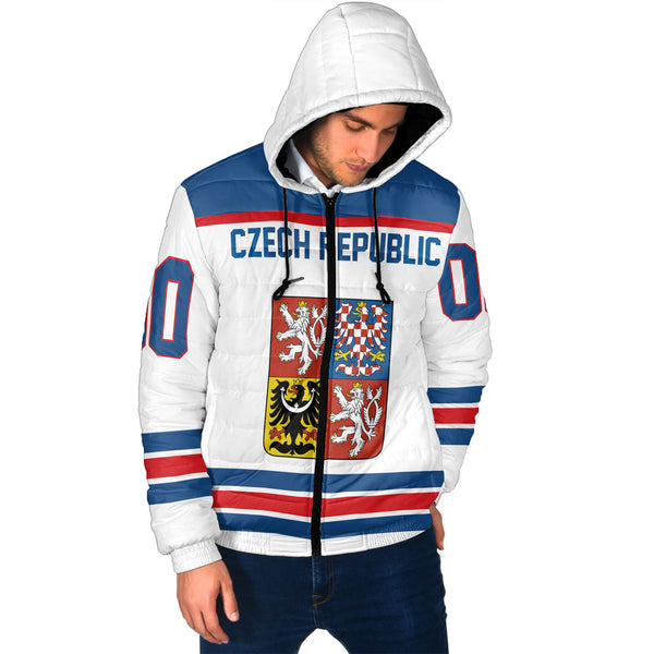 Czech Republic Men Hooded Padded Jacket Flag & Coat Of Arms Hockey Style