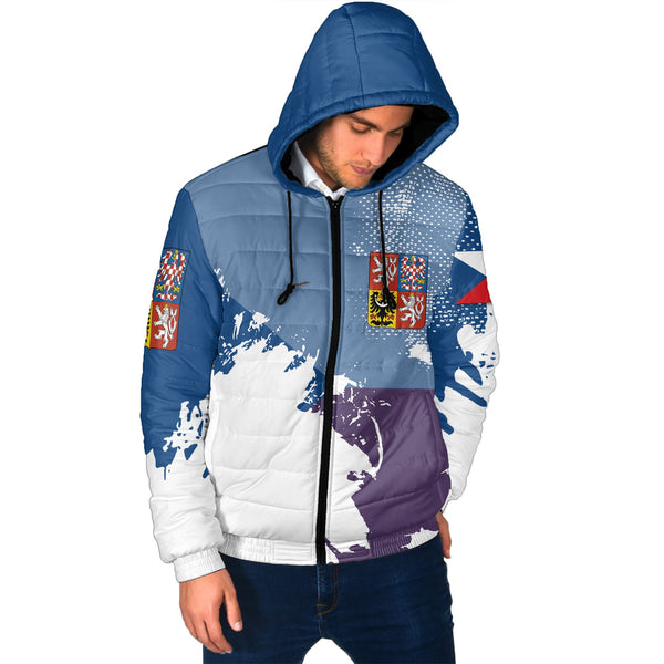 Czech Republic Men Hooded Padded Jacket Flag & Coat Of Arms Paint Style