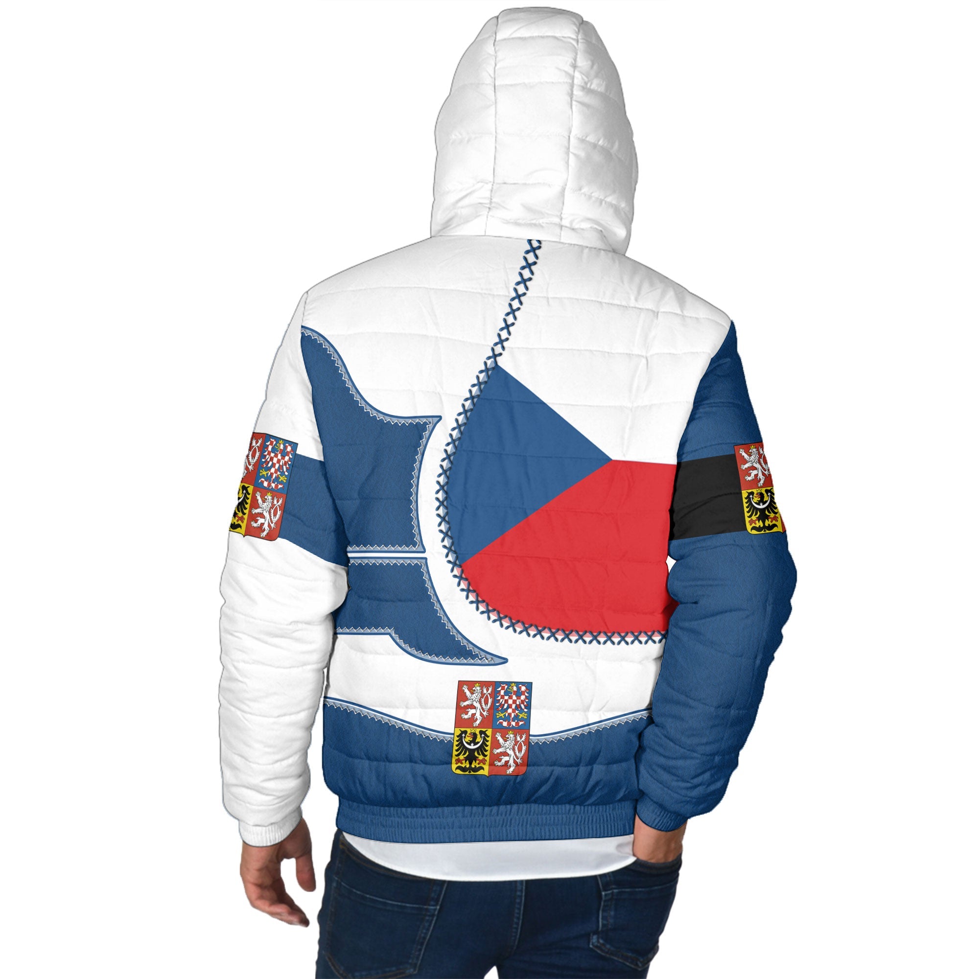 Czech Republic Men Hooded Padded Jacket Flag & Coat Of Arms Leather Style