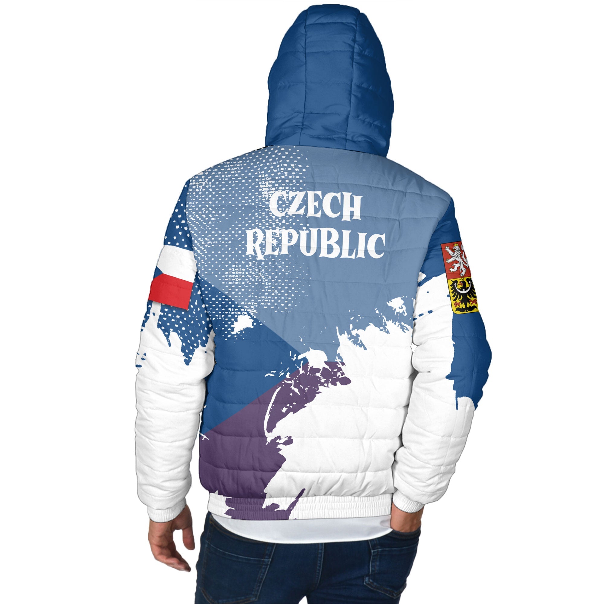 Czech Republic Men Hooded Padded Jacket Flag & Coat Of Arms Paint Style