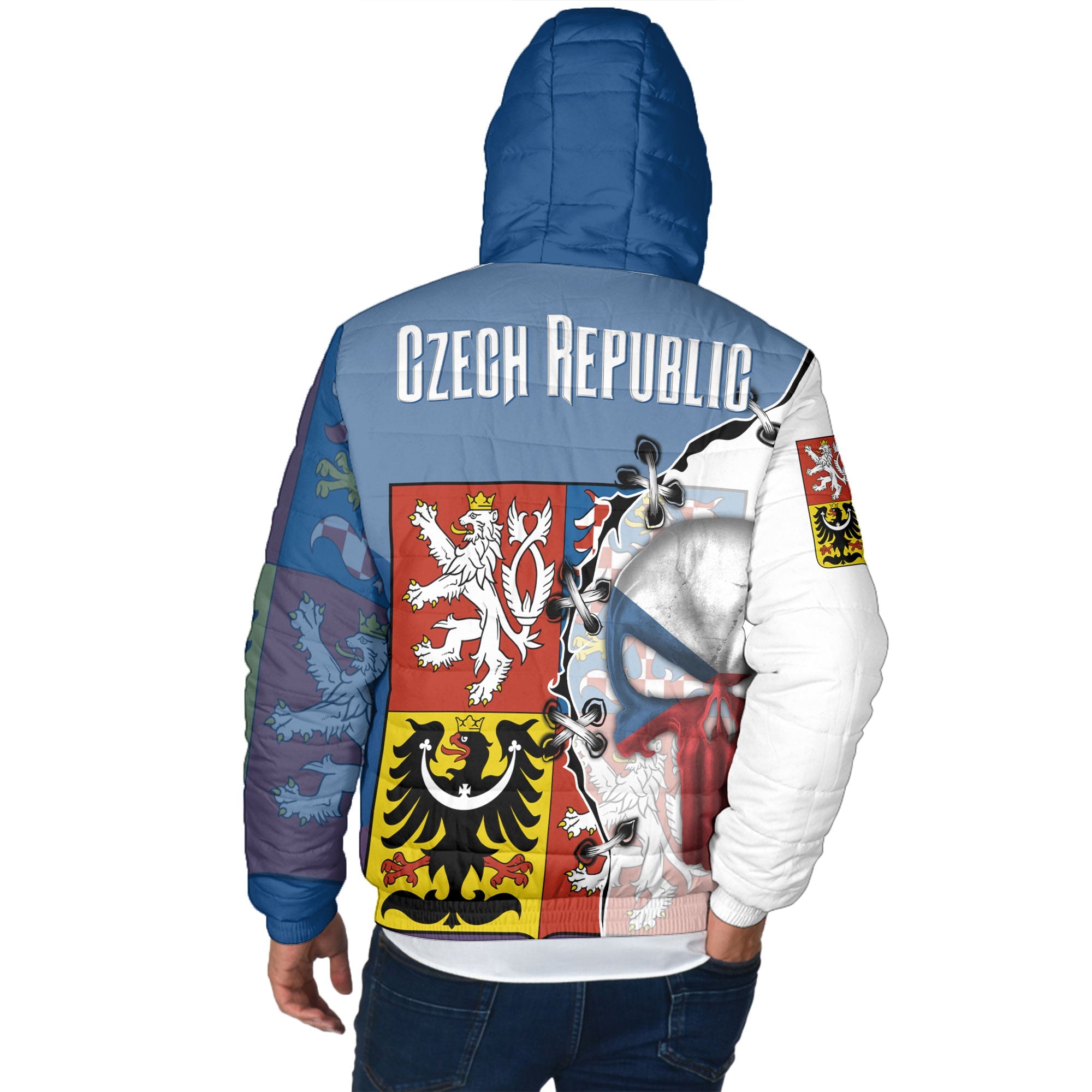 Czech Republic Men Hooded Padded Jacket Flag & Coat Of Arms Skull Style