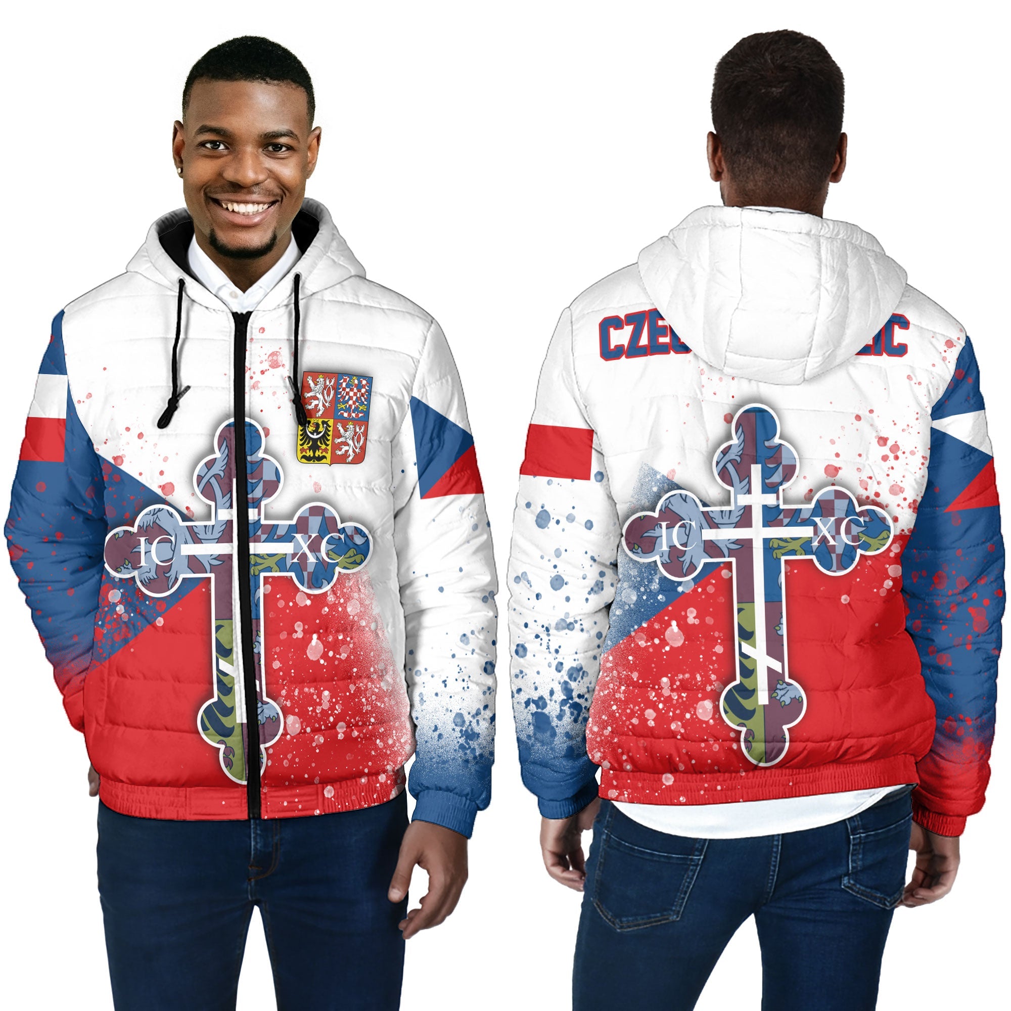 Czech Republic Men Hooded Padded Jacket Flag & Coat Of Arms Orthodox Style