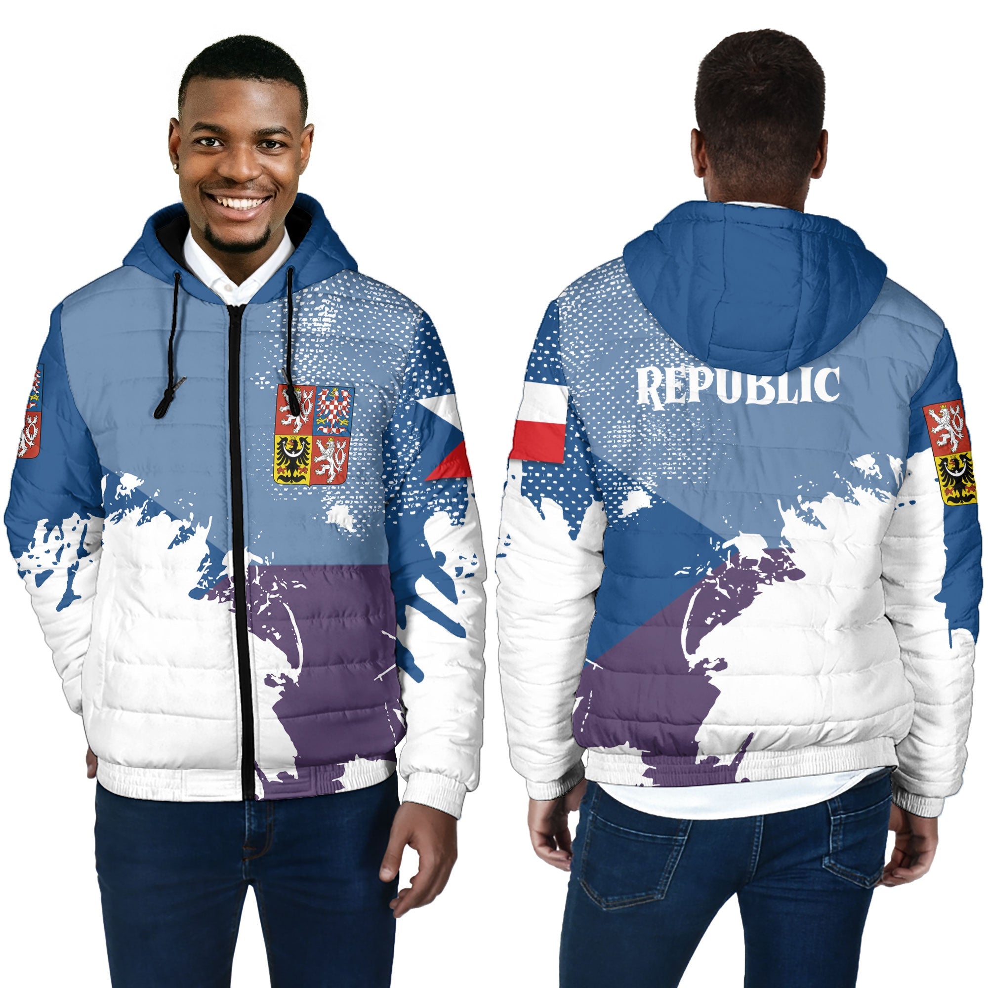 Czech Republic Men Hooded Padded Jacket Flag & Coat Of Arms Paint Style