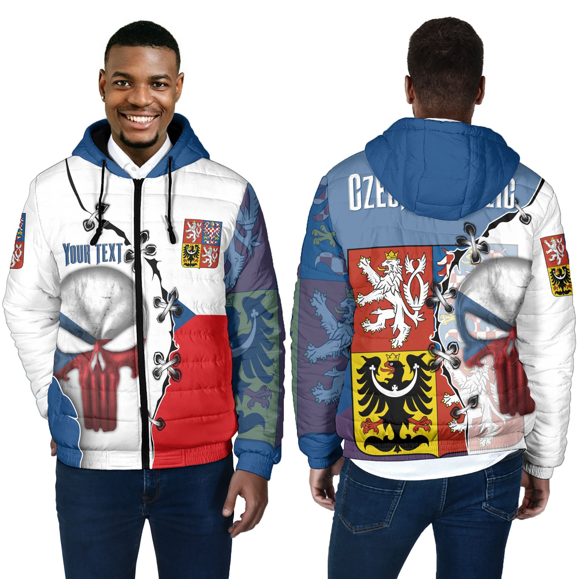 Czech Republic Men Hooded Padded Jacket Flag & Coat Of Arms Skull Style