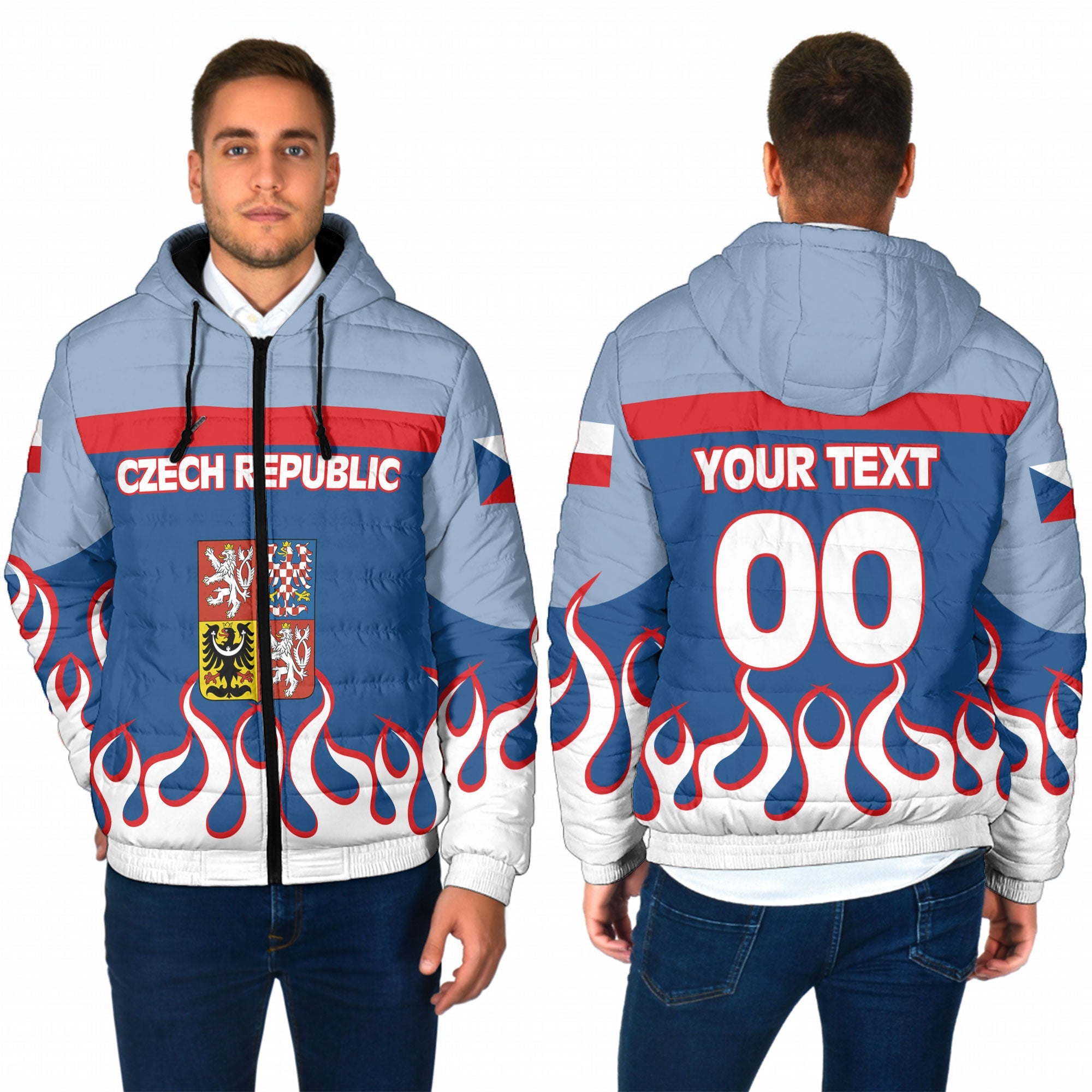 Czech Republic Men Hooded Padded Jacket Flag & Coat Of Arms Fire Hockey Style