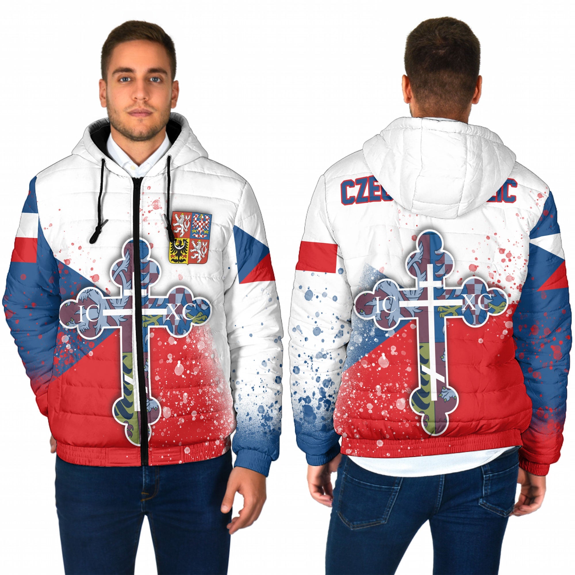 Czech Republic Men Hooded Padded Jacket Flag & Coat Of Arms Orthodox Style