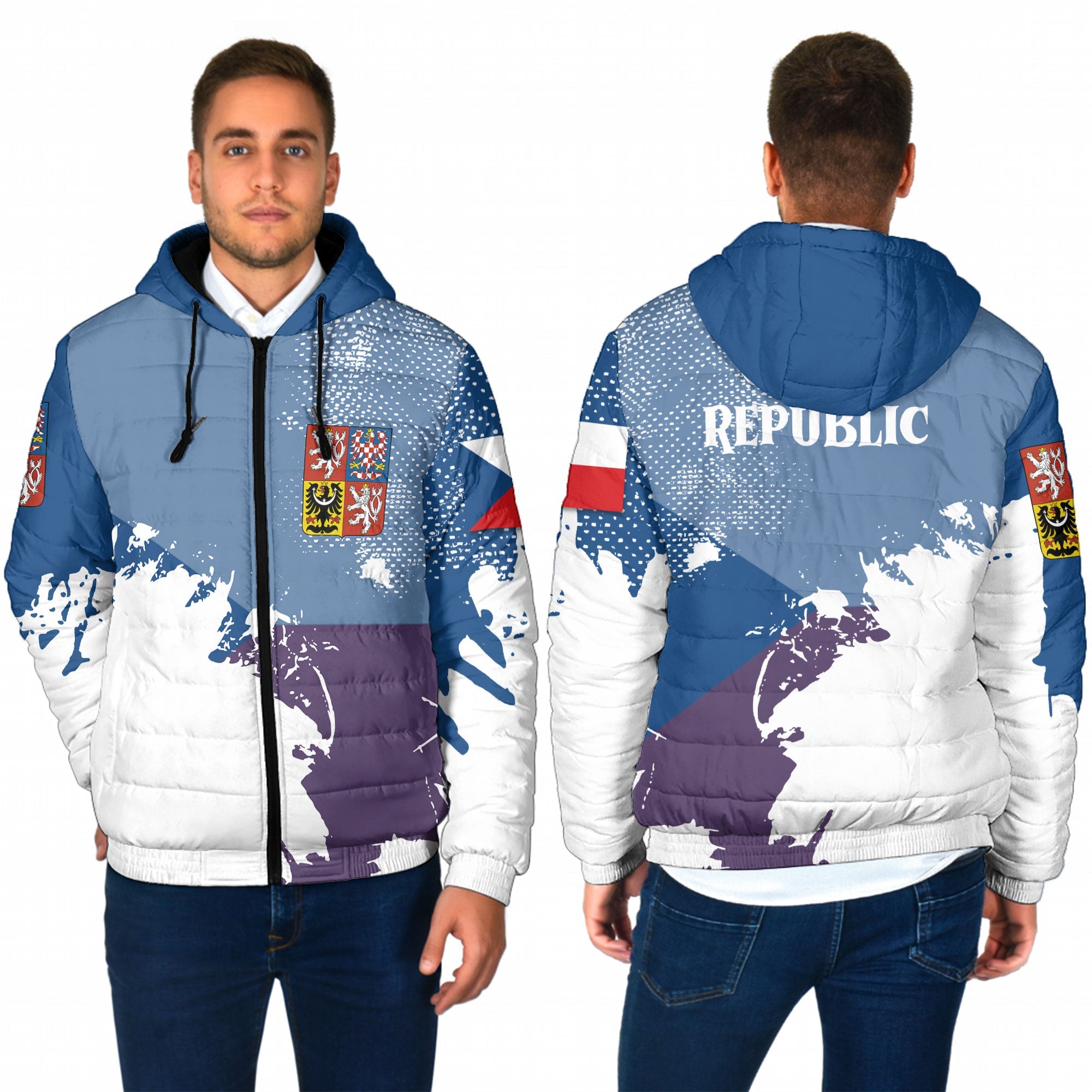 Czech Republic Men Hooded Padded Jacket Flag & Coat Of Arms Paint Style