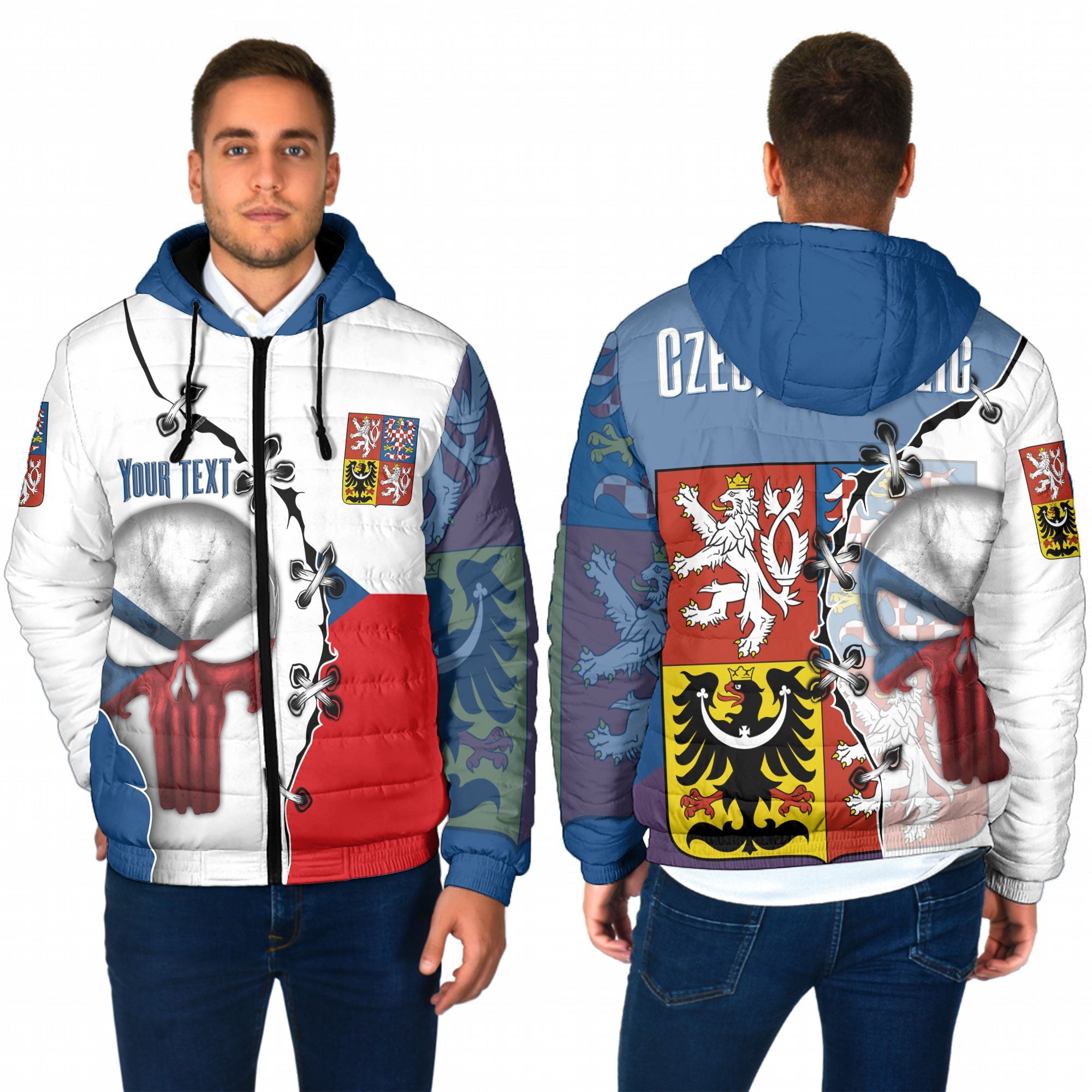 Czech Republic Men Hooded Padded Jacket Flag & Coat Of Arms Skull Style