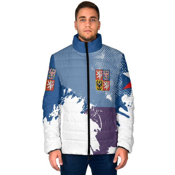 Czech Republic Men Padded Jacket Flag & Coat Of Arms Paint Style