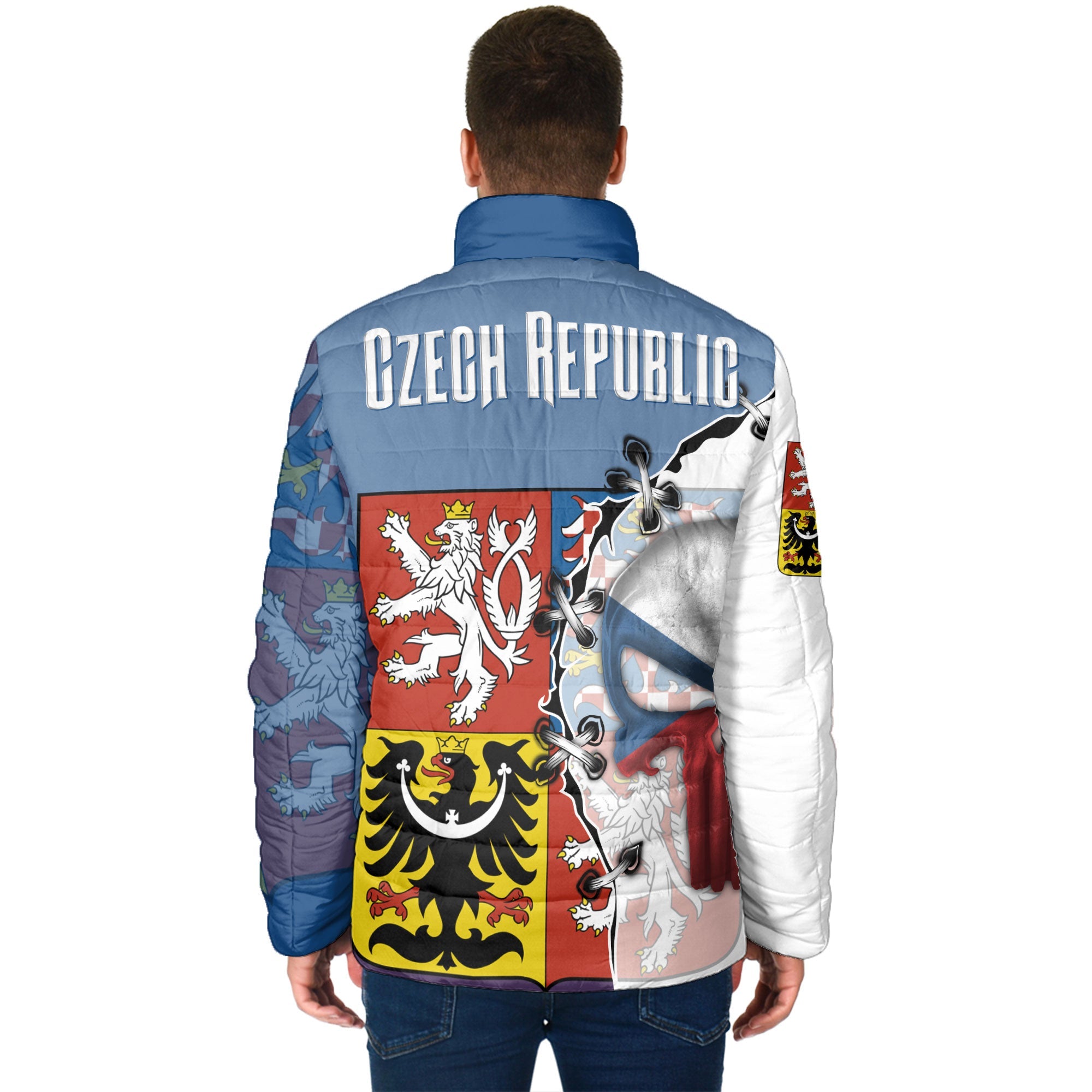 Czech Republic Men Padded Jacket Flag & Coat Of Arms Skull Style