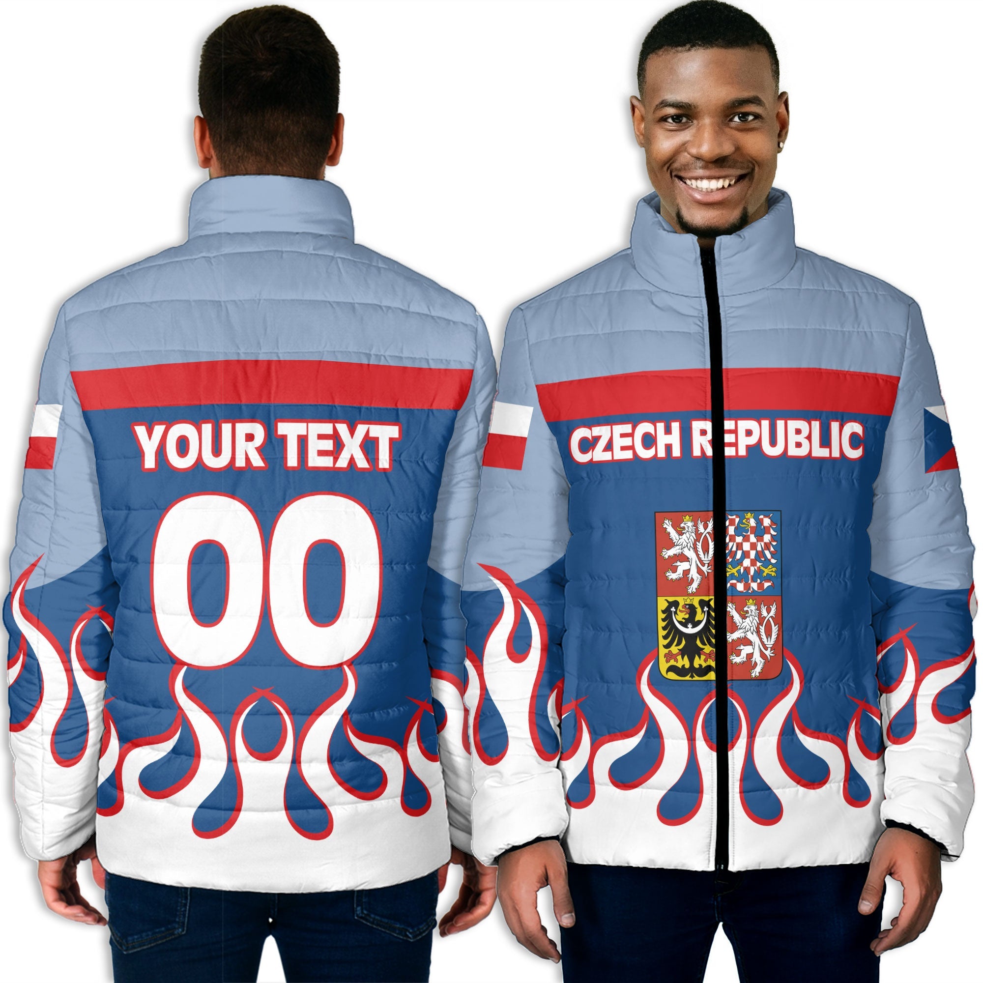 Czech Republic Men Padded Jacket Flag & Coat Of Arms Fire Hockey Style