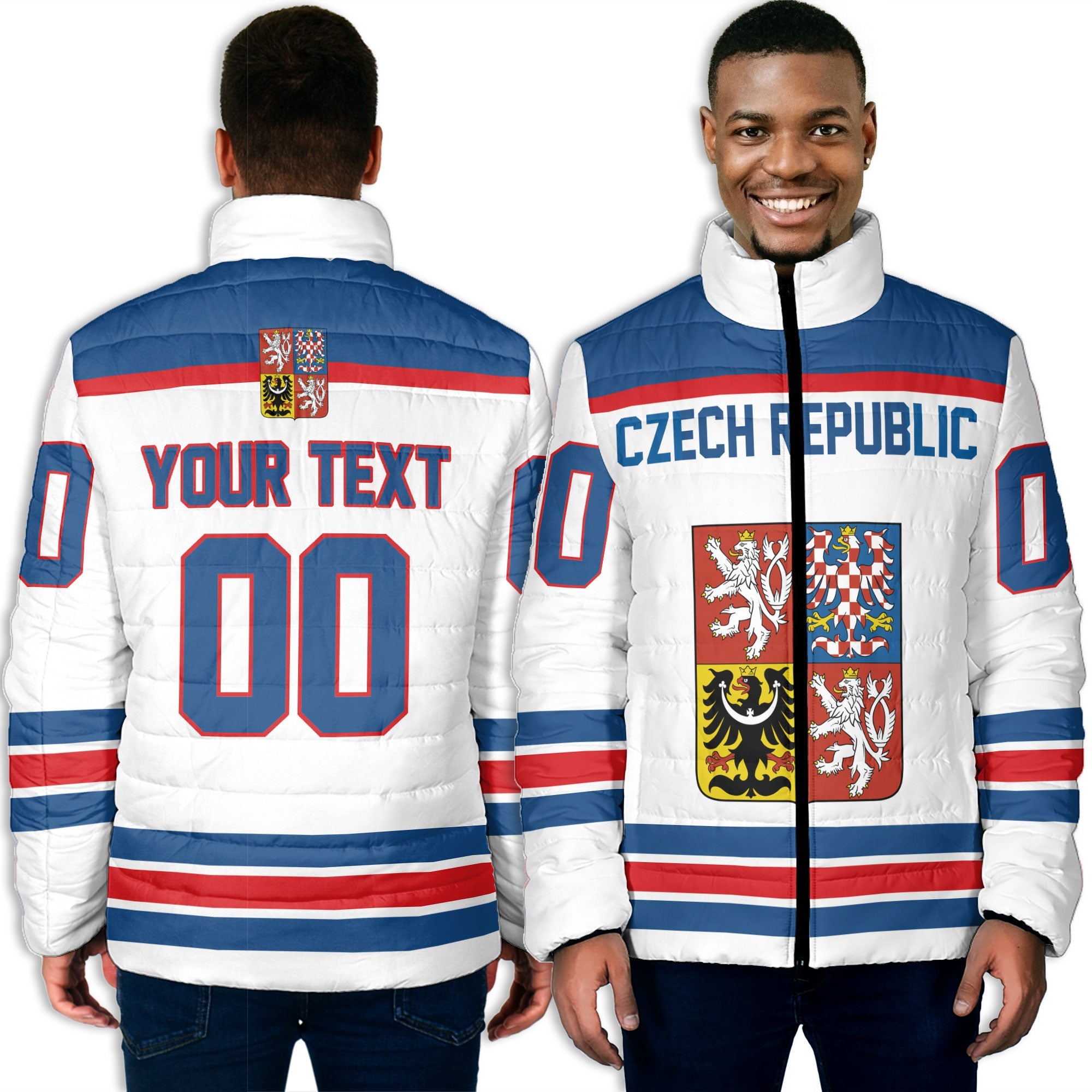 Czech Republic Men Padded Jacket Flag & Coat Of Arms Hockey Style