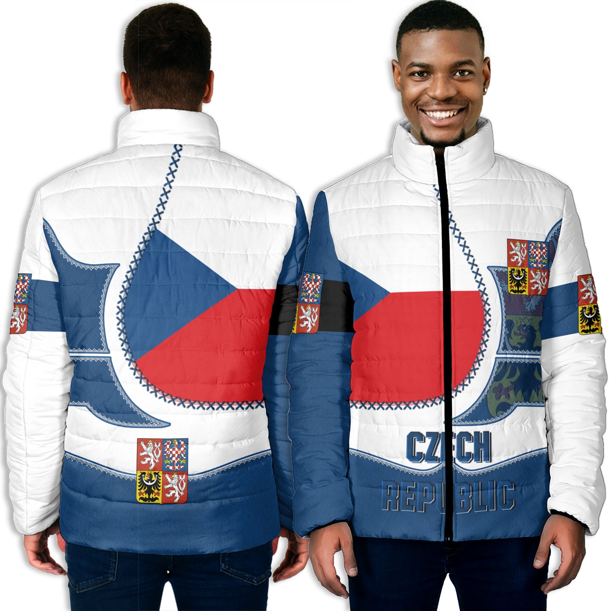 Czech Republic Men Padded Jacket Flag & Coat Of Arms Leather Style