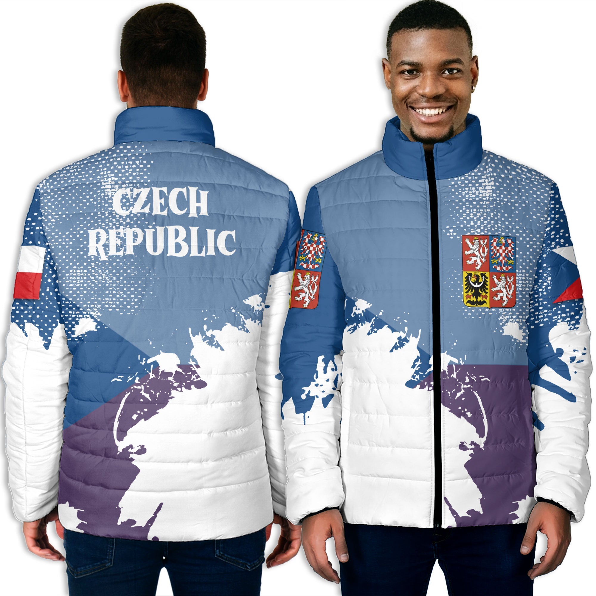 Czech Republic Men Padded Jacket Flag & Coat Of Arms Paint Style