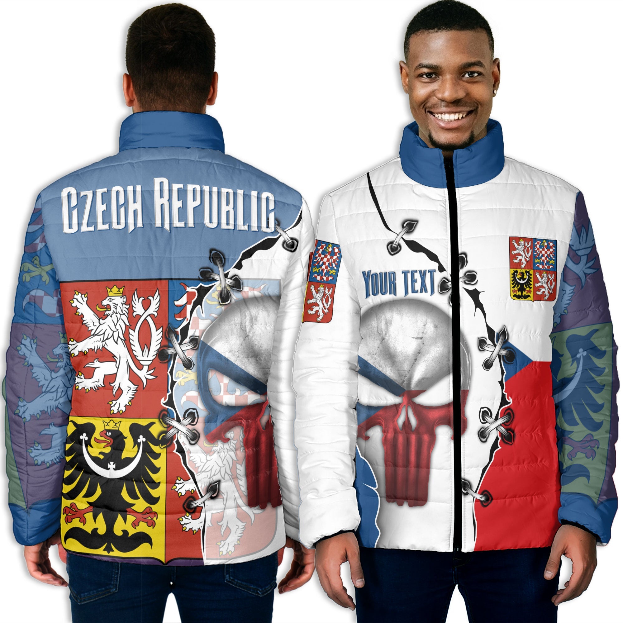 Czech Republic Men Padded Jacket Flag & Coat Of Arms Skull Style