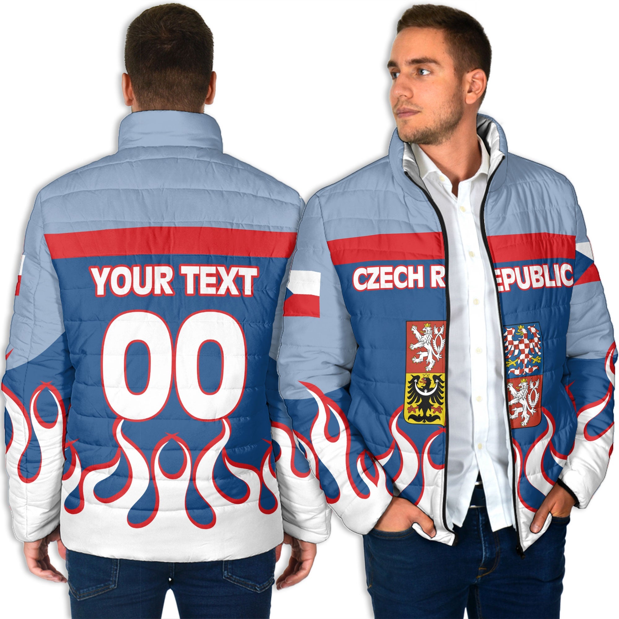 Czech Republic Men Padded Jacket Flag & Coat Of Arms Fire Hockey Style