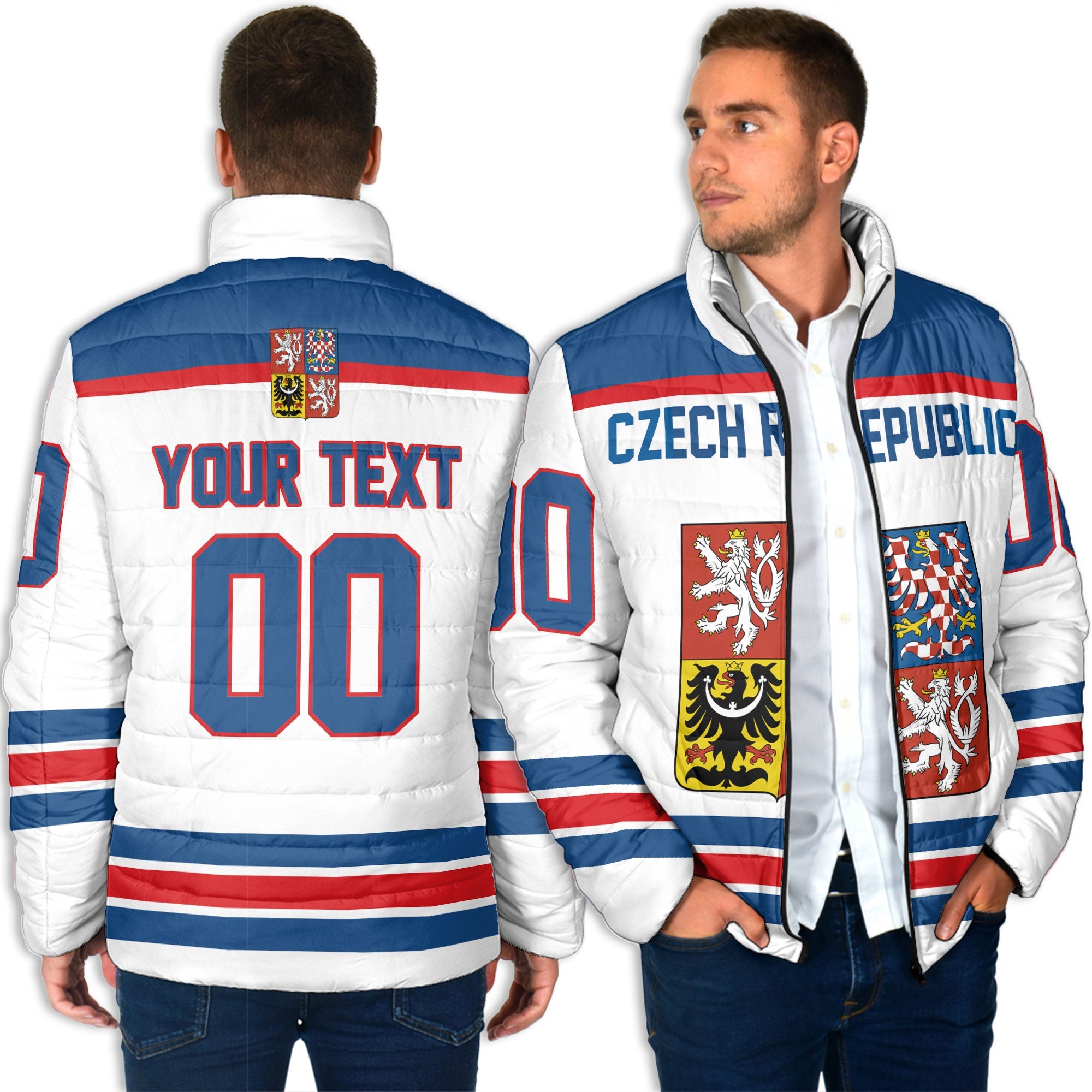 Czech Republic Men Padded Jacket Flag & Coat Of Arms Hockey Style