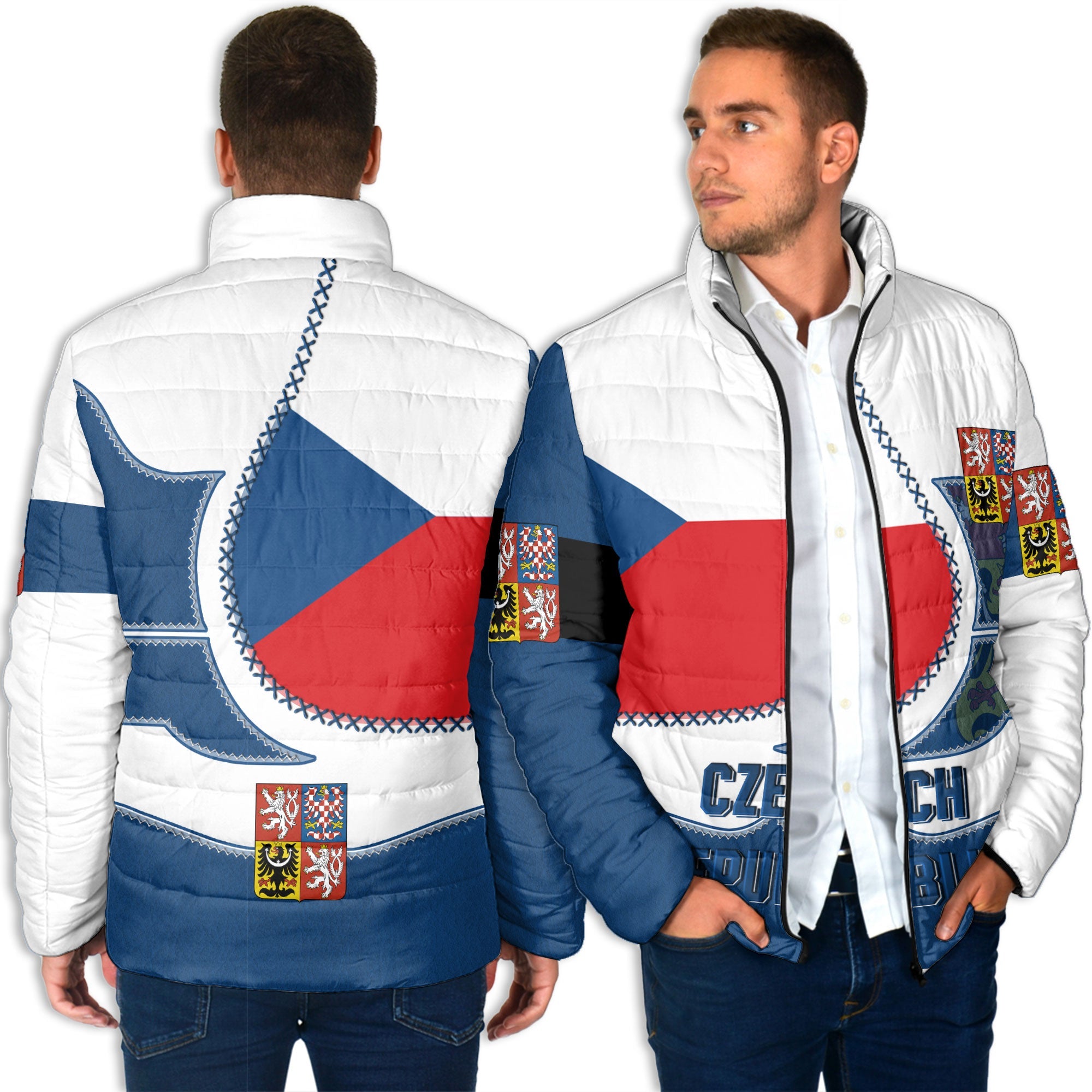 Czech Republic Men Padded Jacket Flag & Coat Of Arms Leather Style