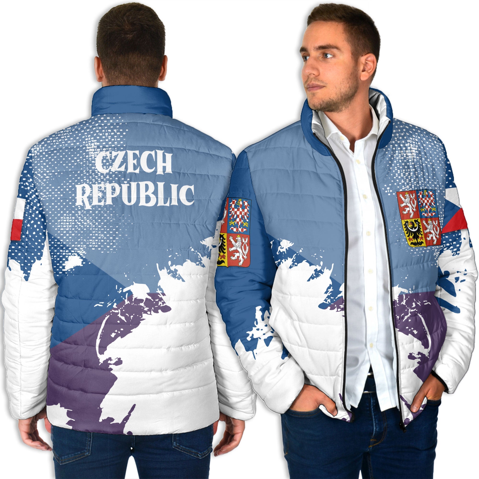 Czech Republic Men Padded Jacket Flag & Coat Of Arms Paint Style