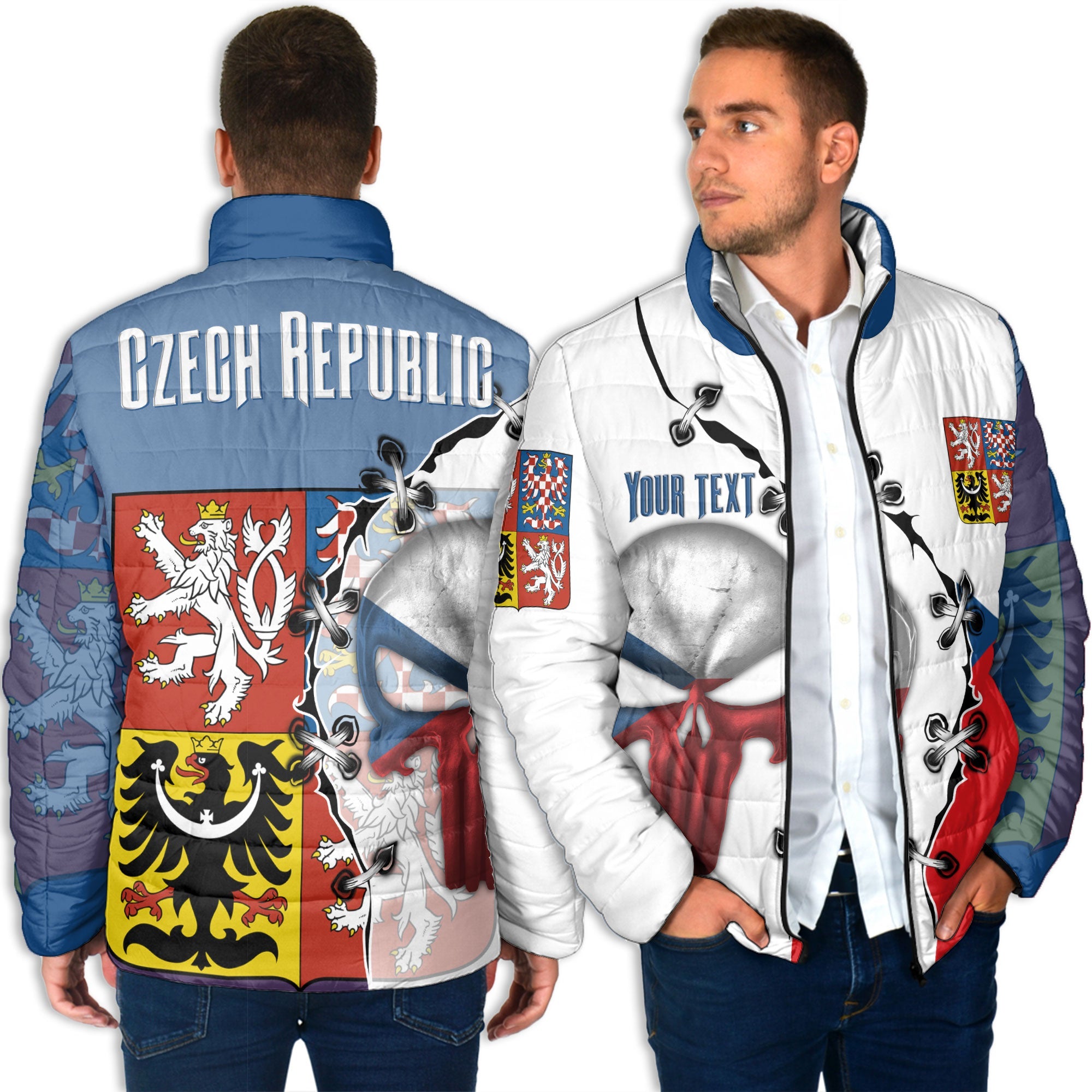 Czech Republic Men Padded Jacket Flag & Coat Of Arms Skull Style