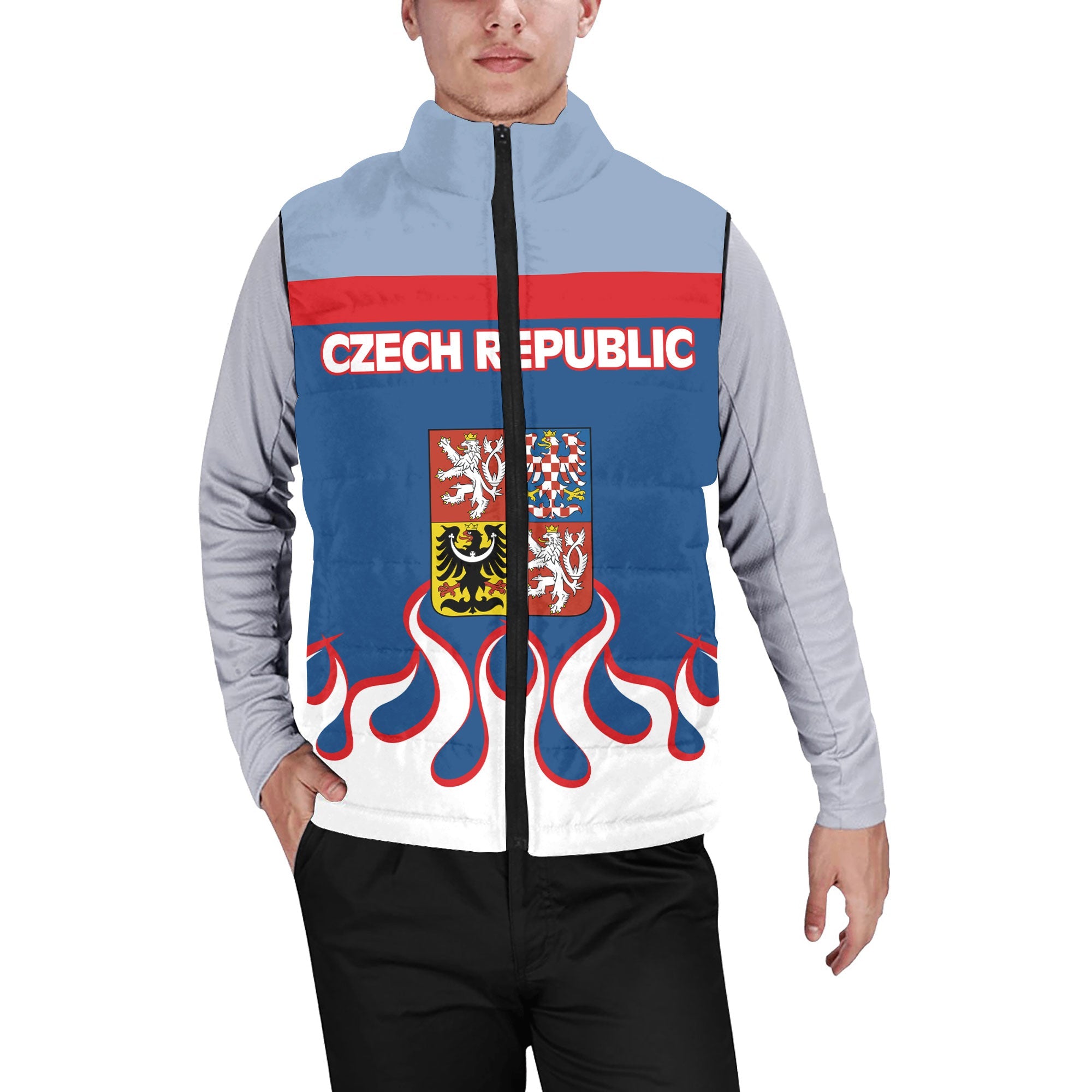 Czech Republic Men Padded Jacket Vest Flag & Coat Of Arms Fire Hockey Style