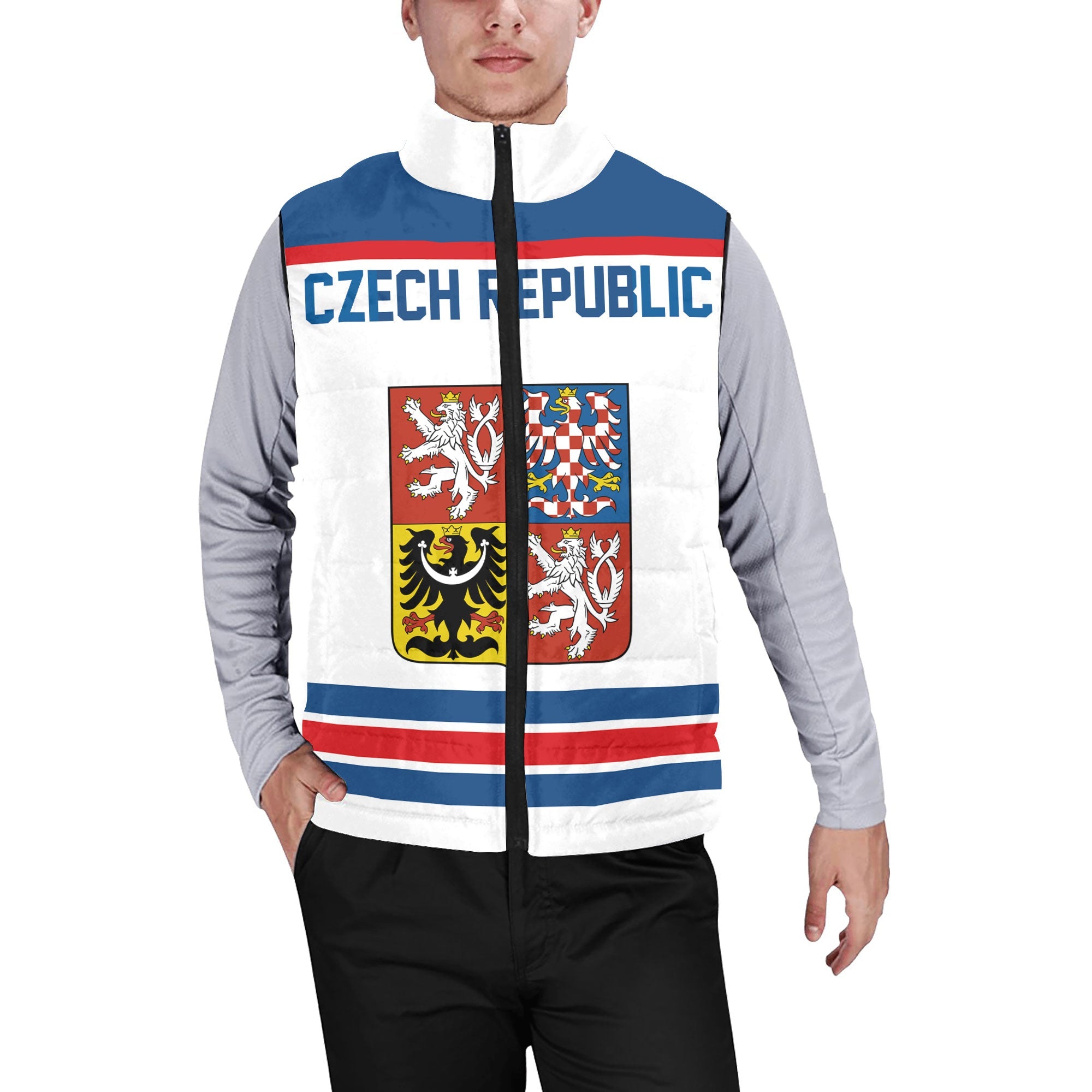 Czech Republic Men Padded Jacket Vest Flag & Coat Of Arms Hockey Style