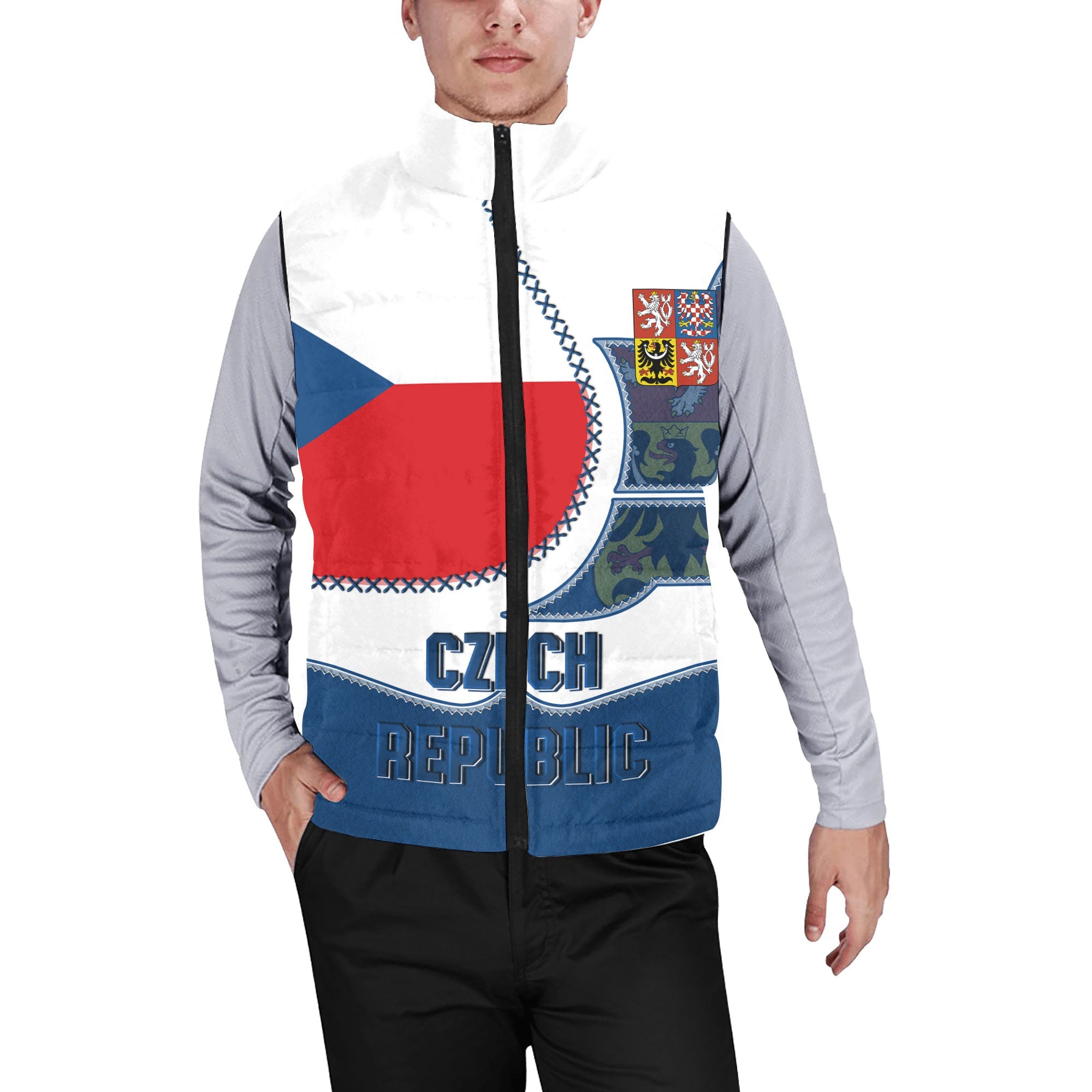 Czech Republic Men Padded Jacket Vest Flag & Coat Of Arms Leather Style