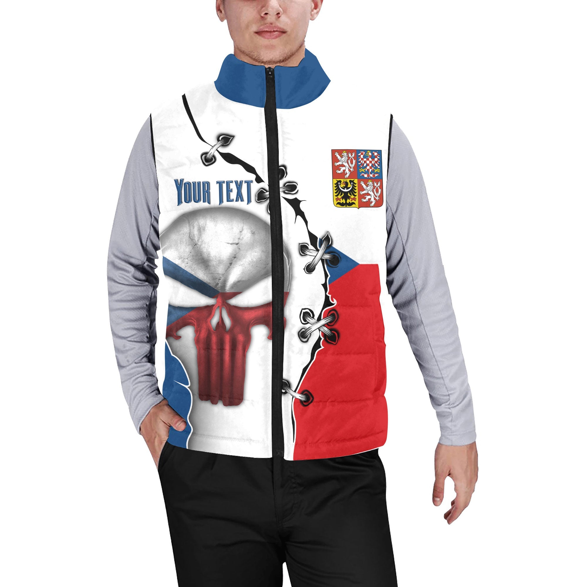 Czech Republic Men Padded Jacket Vest Flag & Coat Of Arms Skull Style