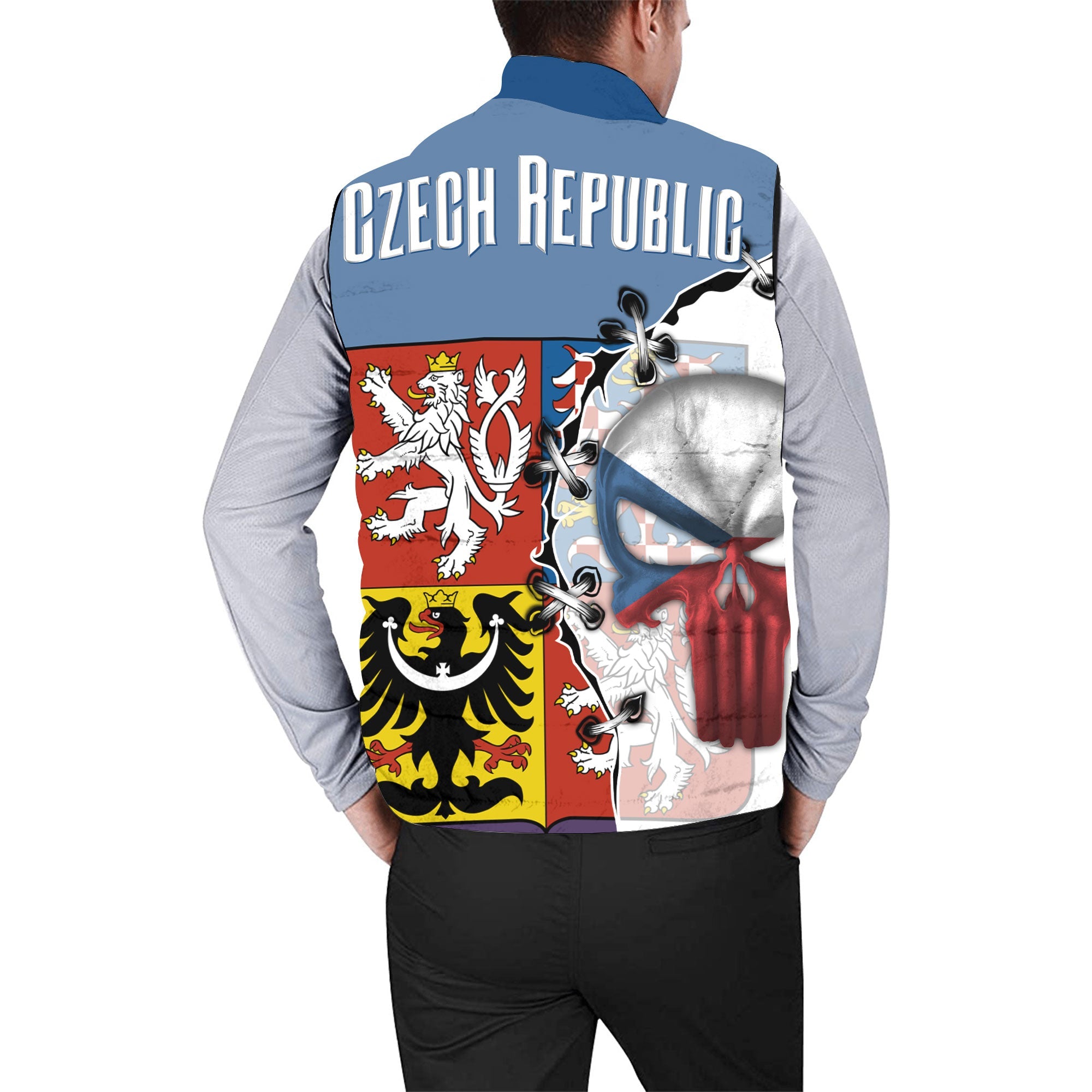 Czech Republic Men Padded Jacket Vest Flag & Coat Of Arms Skull Style