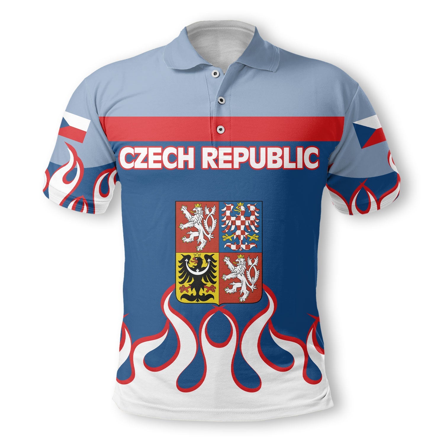 Czech Republic Polo Shirt Flag & Coat Of Arms Fire Hockey Style