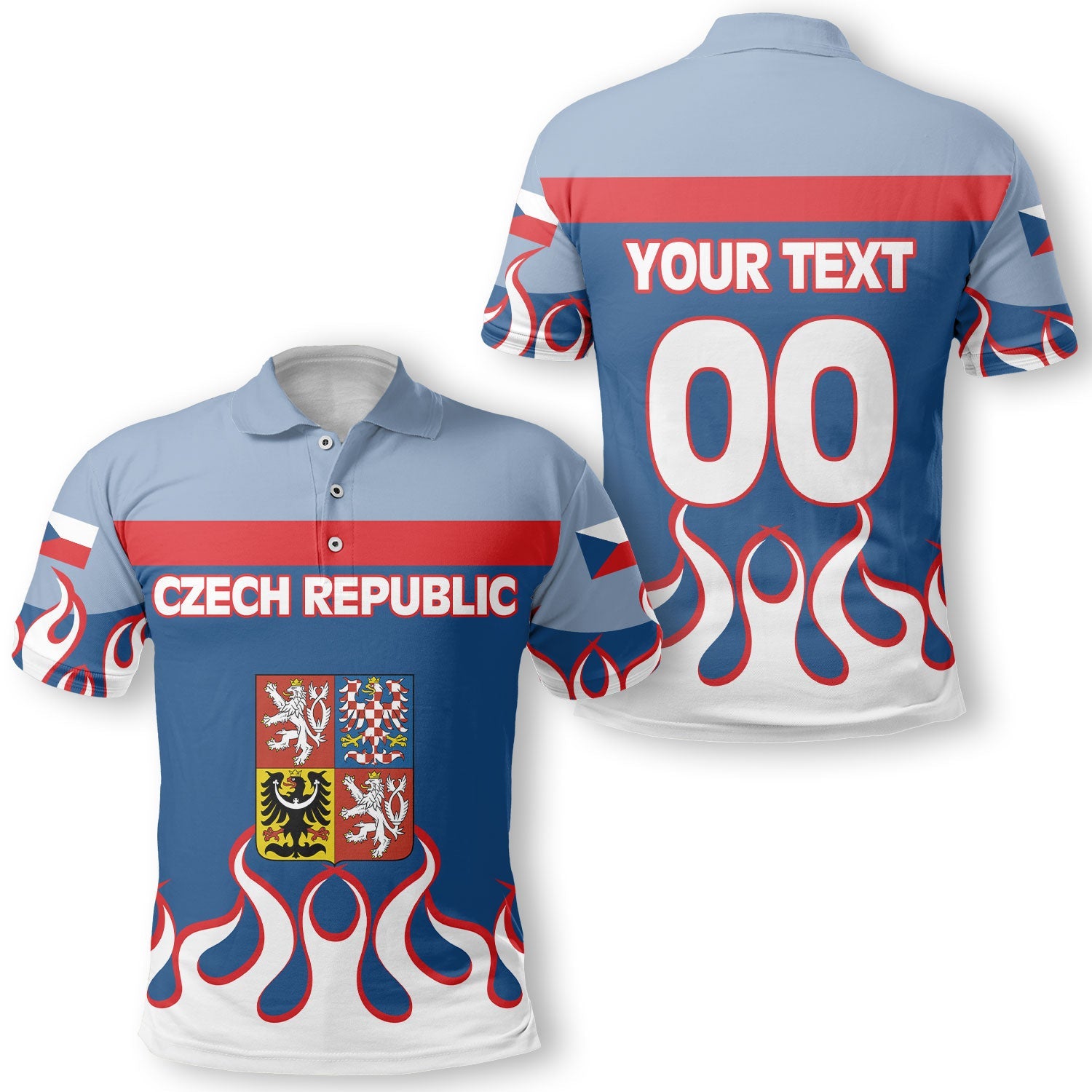 Czech Republic Polo Shirt Flag & Coat Of Arms Fire Hockey Style