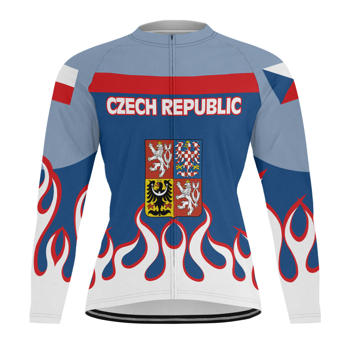 Czech Republic Men's Cycling Jersey Long Sleeve Flag & Coat Of Arms Fire Hockey Style