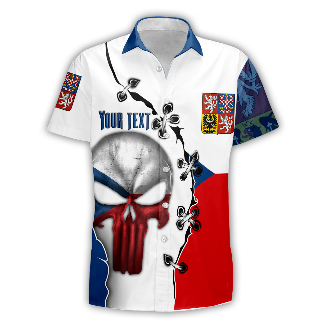 Czech Republic Short Sleeve Shirt Flag & Coat Of Arms Skull Style