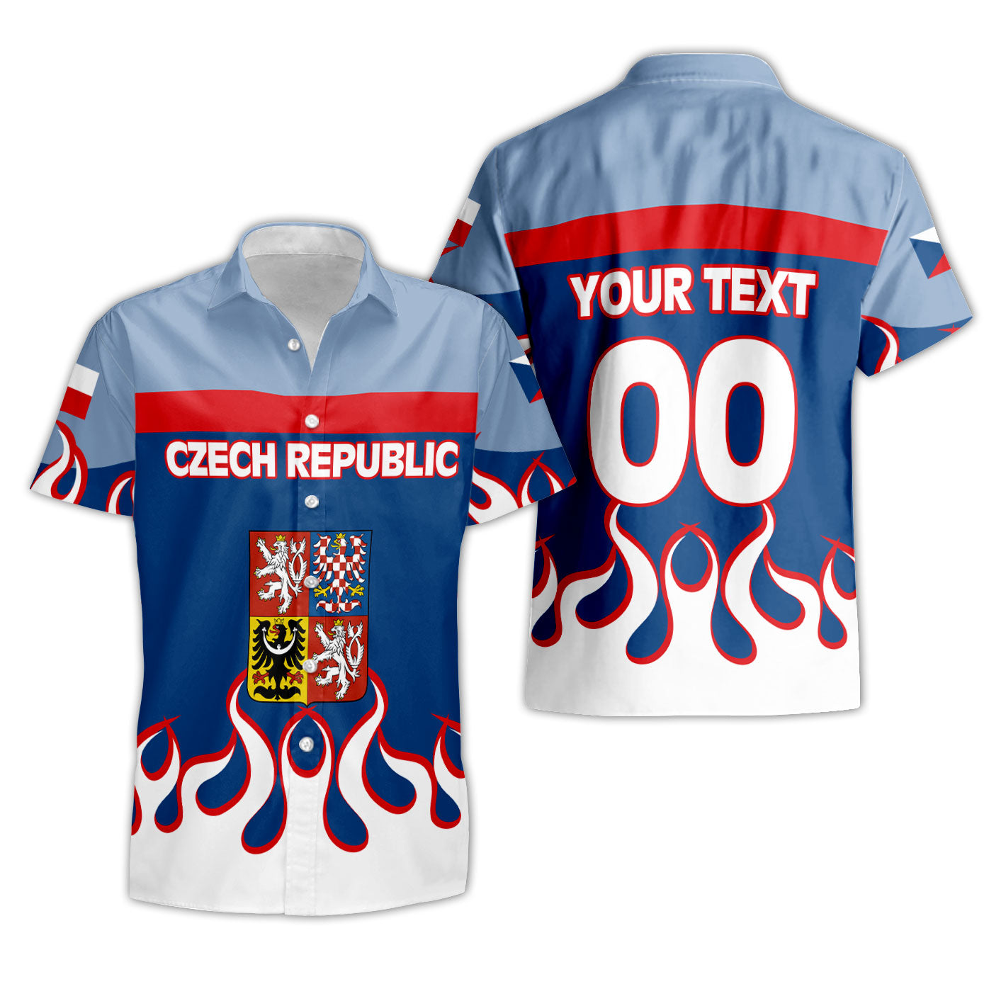 Czech Republic Short Sleeve Shirt Flag & Coat Of Arms Fire Hockey Style