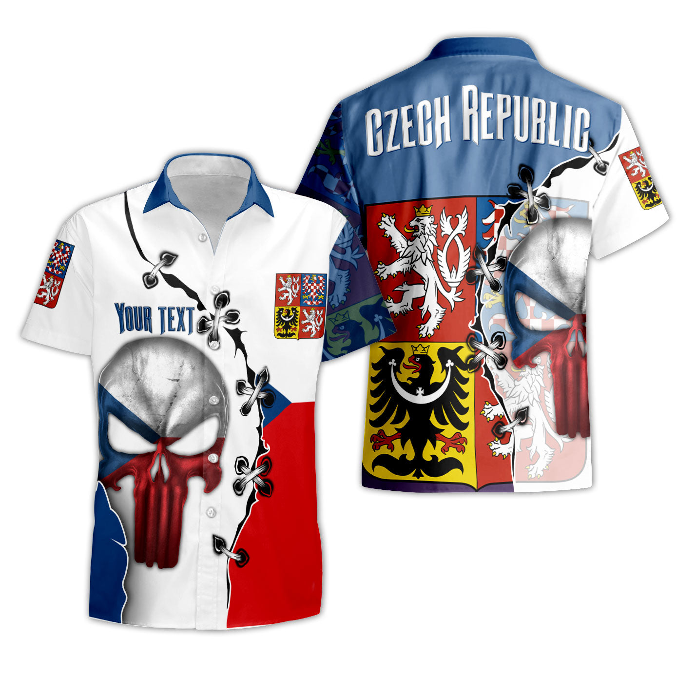 Czech Republic Short Sleeve Shirt Flag & Coat Of Arms Skull Style