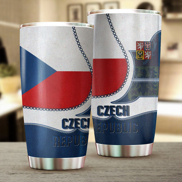 Czech Republic Stainless Steel Glitter Tumbler Flag & Coat Of Arms Leather Style