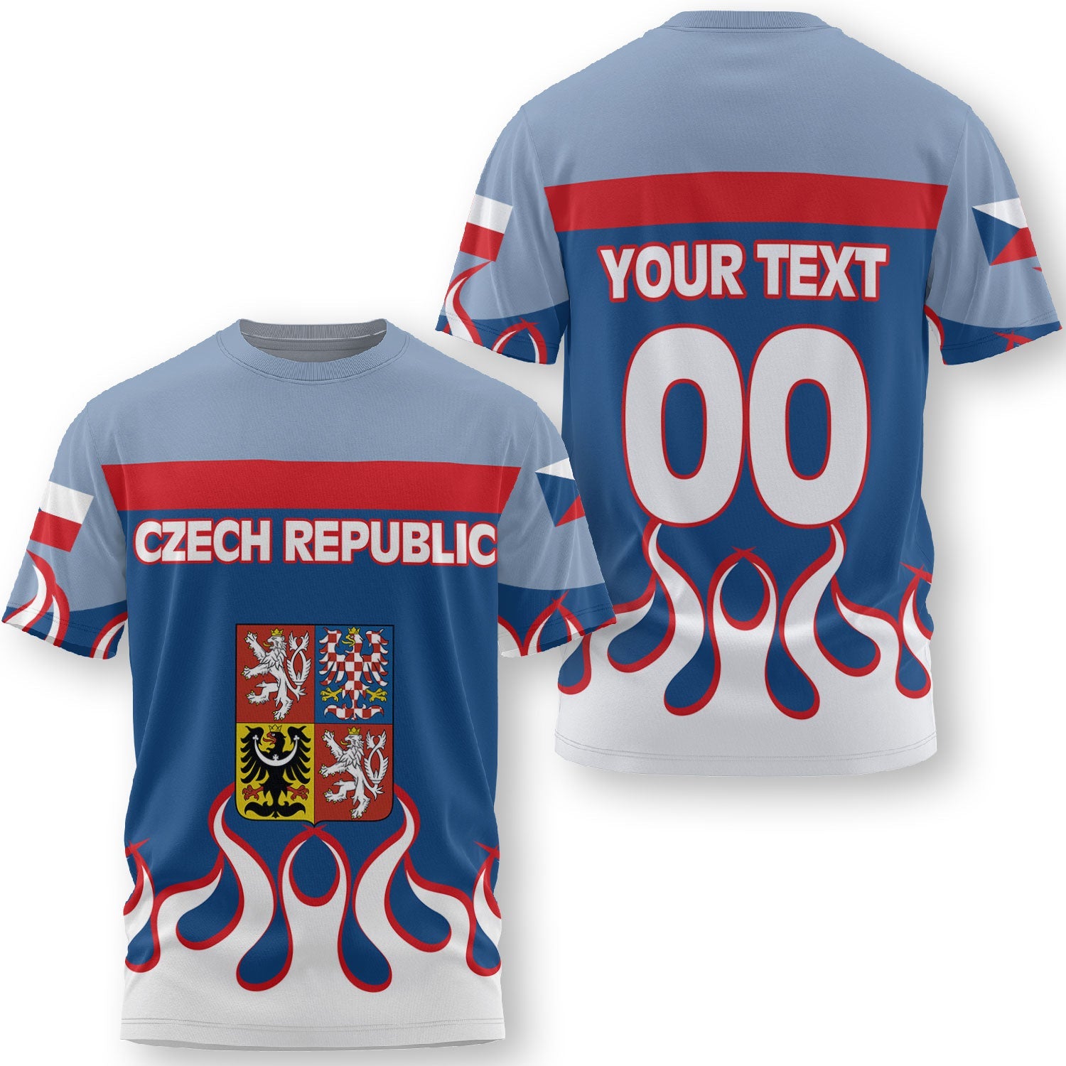 Czech Republic T Shirt Flag & Coat Of Arms Fire Hockey Style