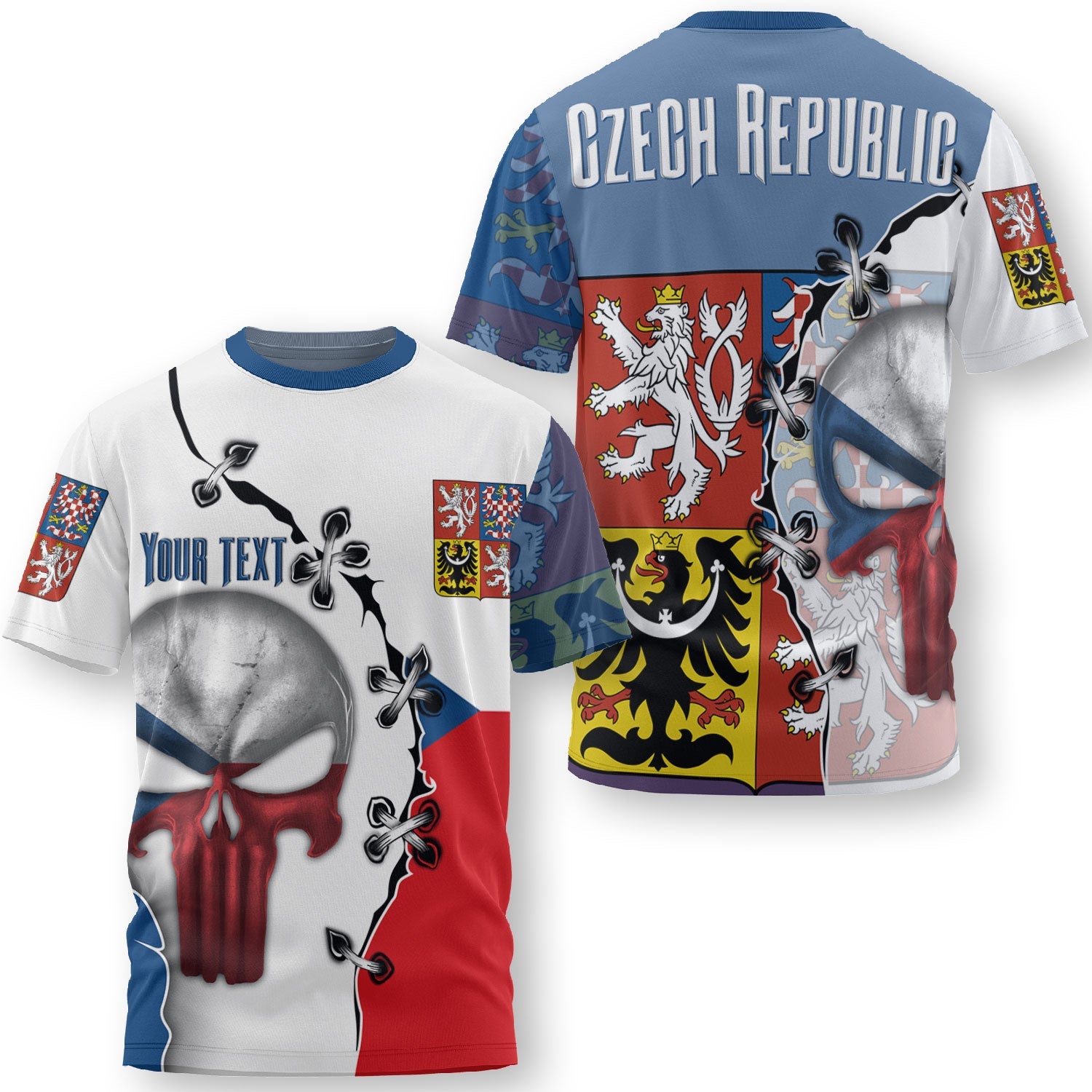 Czech Republic T Shirt Flag & Coat Of Arms Skull Style