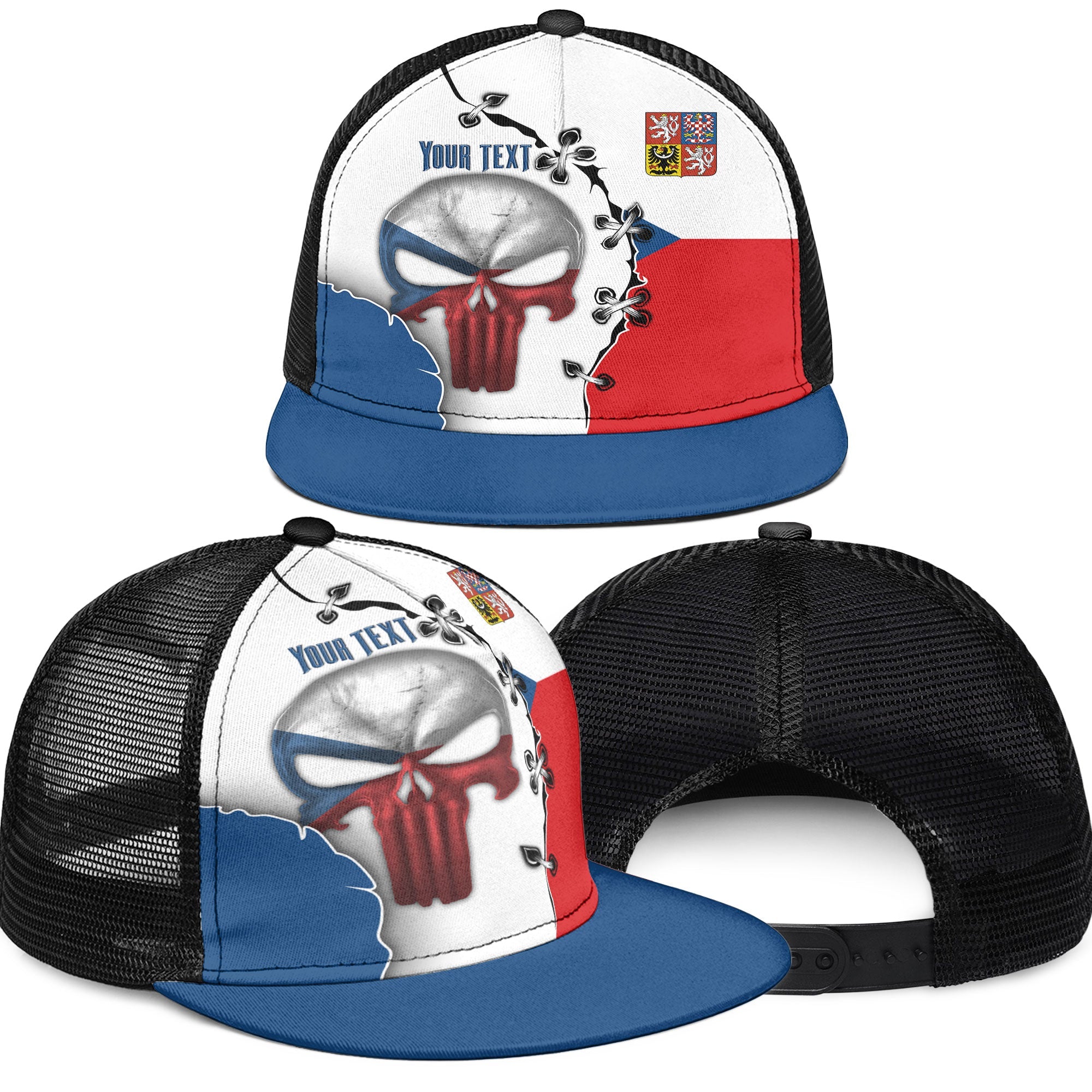 Czech Republic Trucker Hat Flag & Coat Of Arms Skull Style