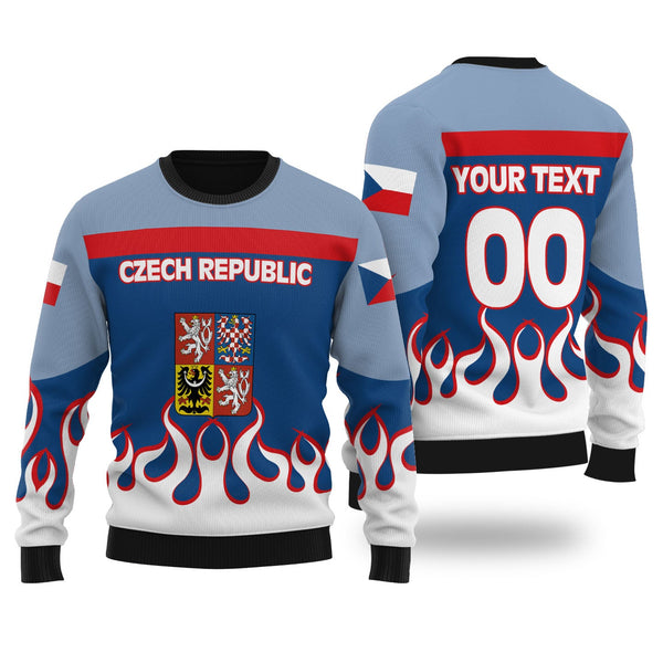 Czech Republic Ugly Sweater Flag & Coat Of Arms Fire Hockey Style