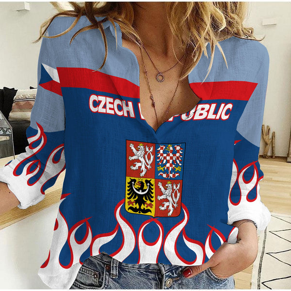 Czech Republic Women Casual Shirt Flag & Coat Of Arms Fire Hockey Style