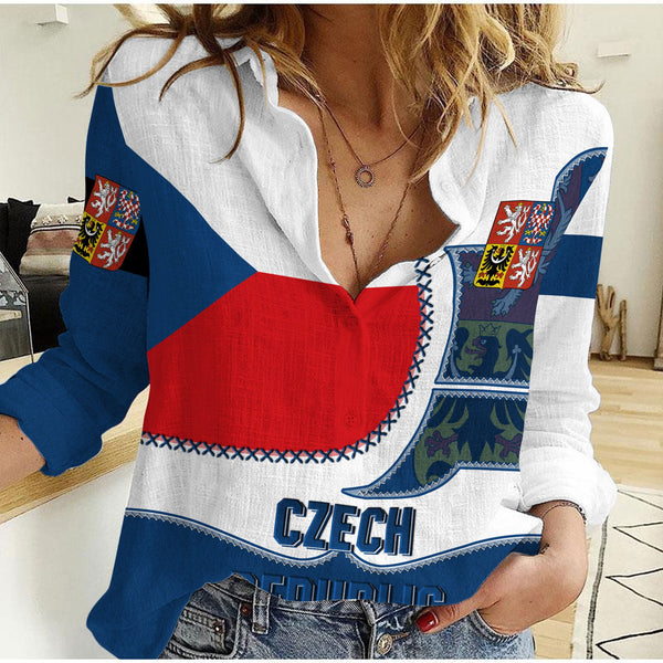 Czech Republic Women Casual Shirt Flag & Coat Of Arms Leather Style