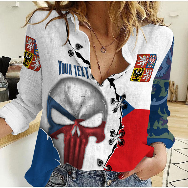 Czech Republic Women Casual Shirt Flag & Coat Of Arms Skull Style