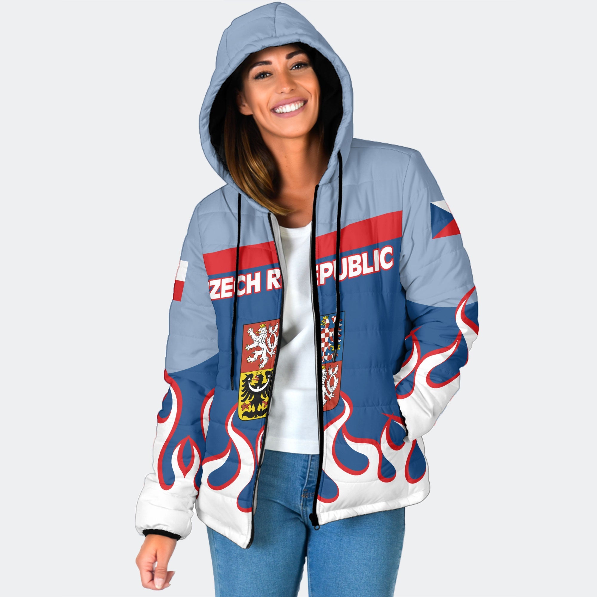 Czech Republic Women Hooded Padded Jacket Flag & Coat Of Arms Fire Hockey Style