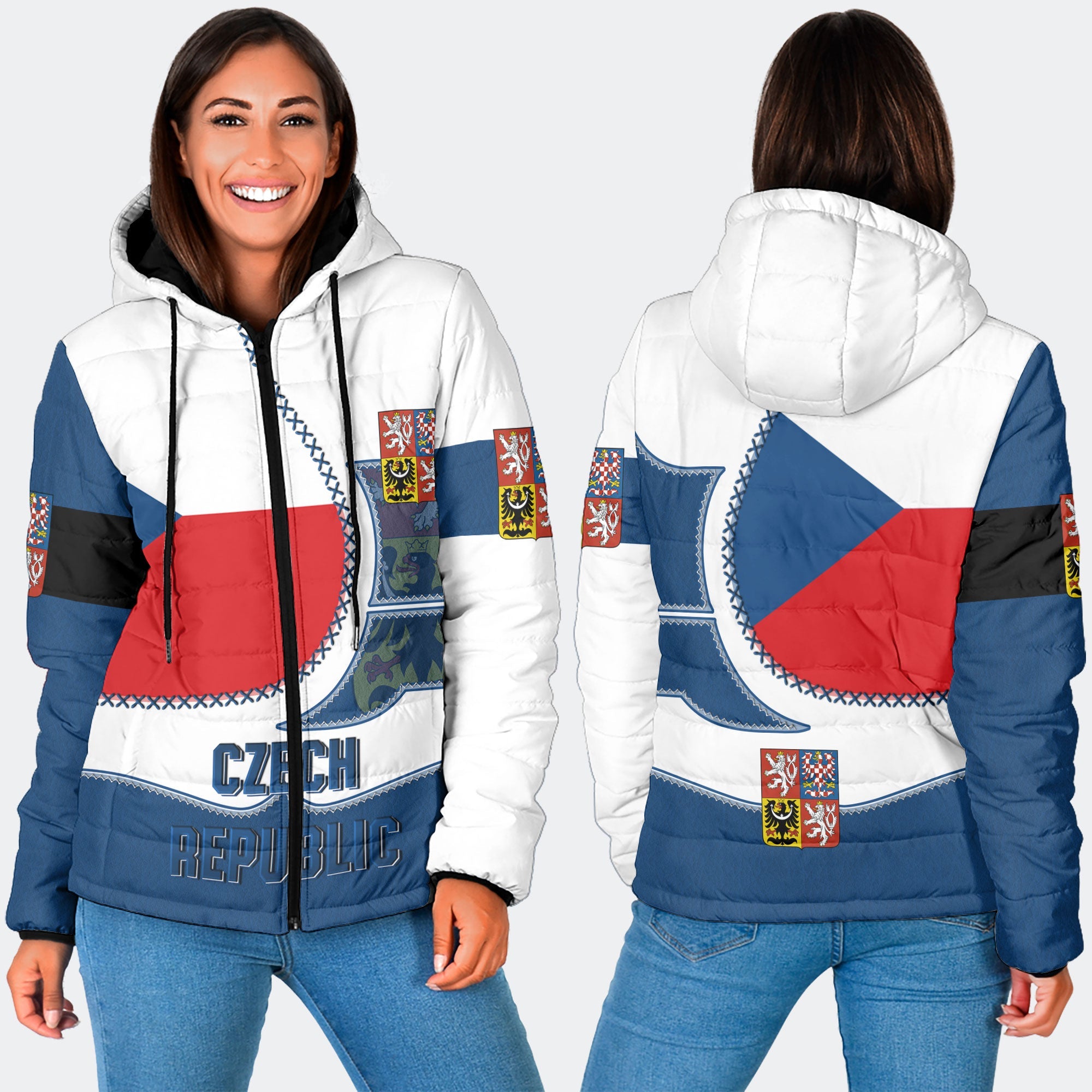 Czech Republic Women Hooded Padded Jacket Flag & Coat Of Arms Leather Style