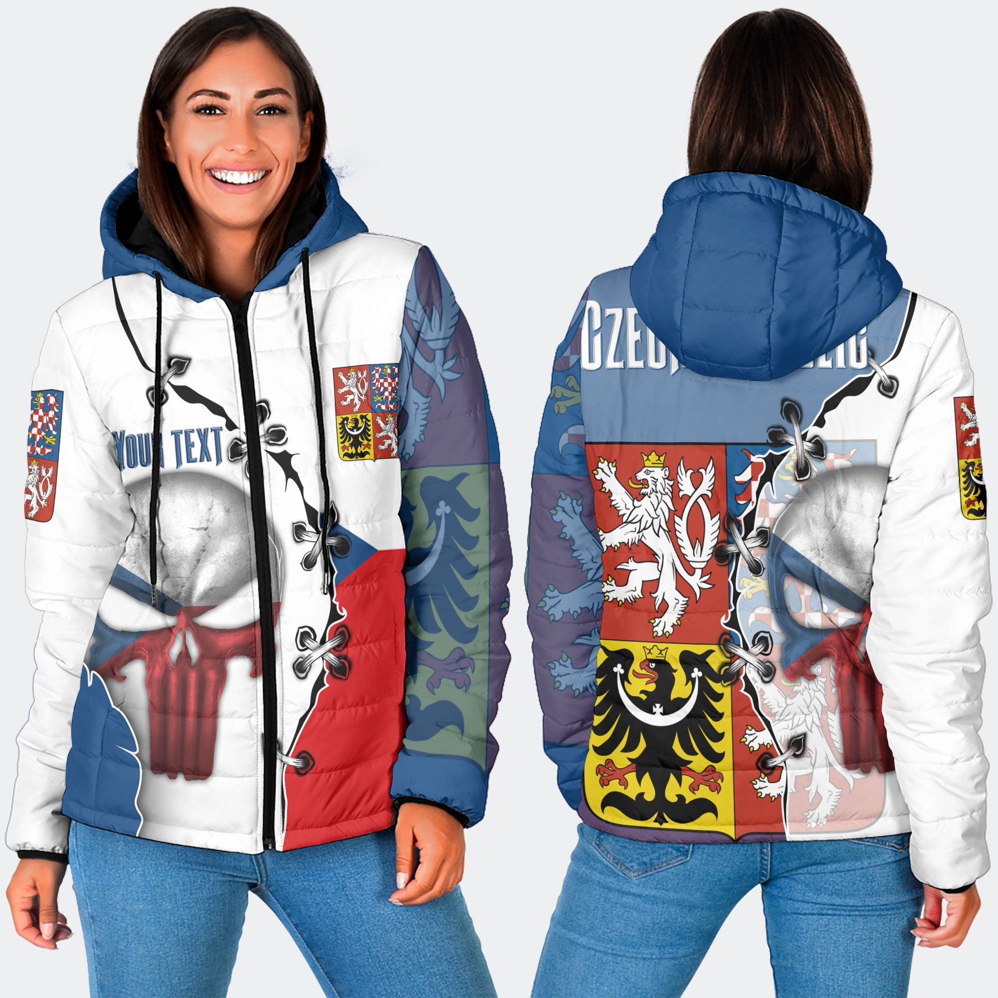 Czech Republic Women Hooded Padded Jacket Flag & Coat Of Arms Skull Style