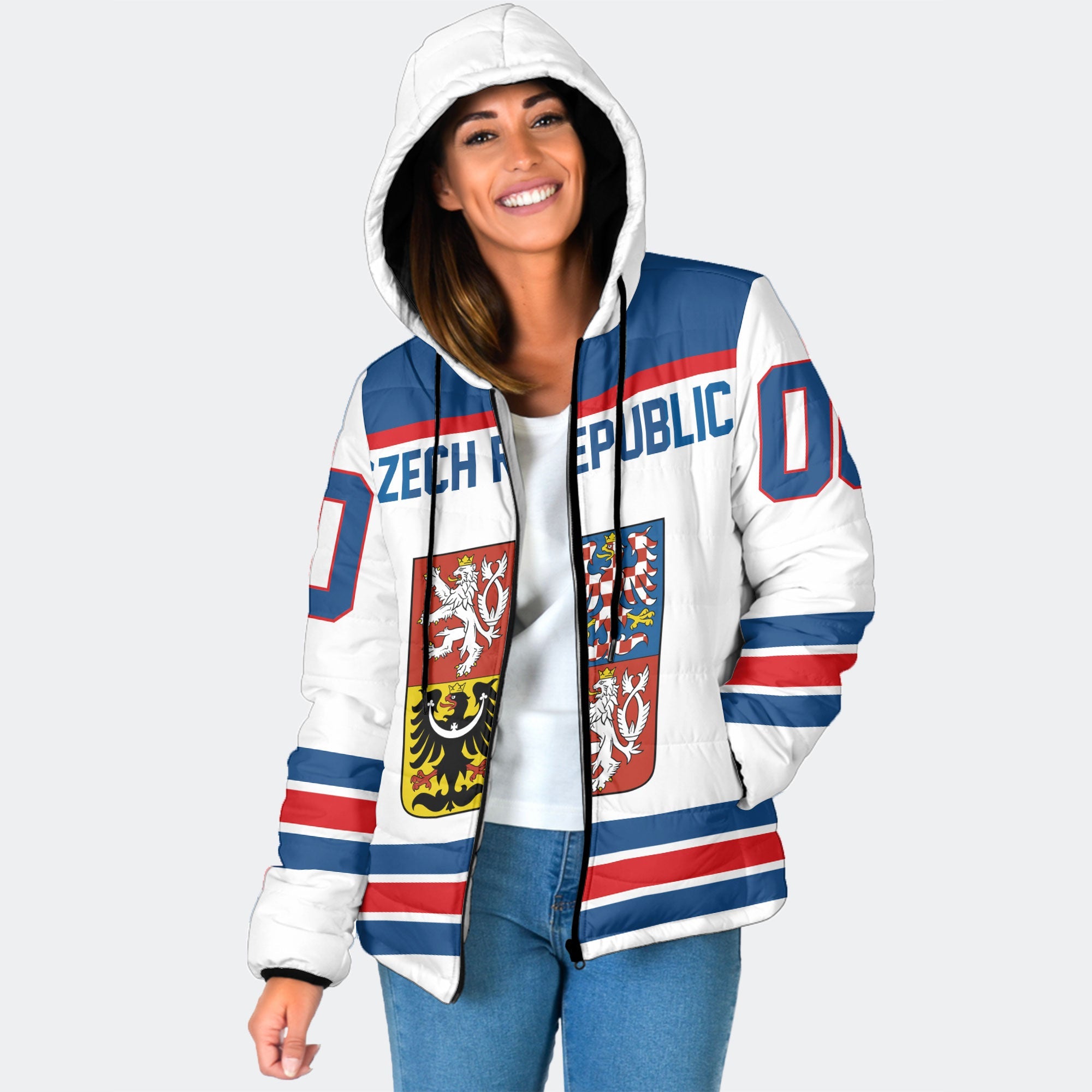 Czech Republic Women Hooded Padded Jacket Flag & Coat Of Arms Hockey Style